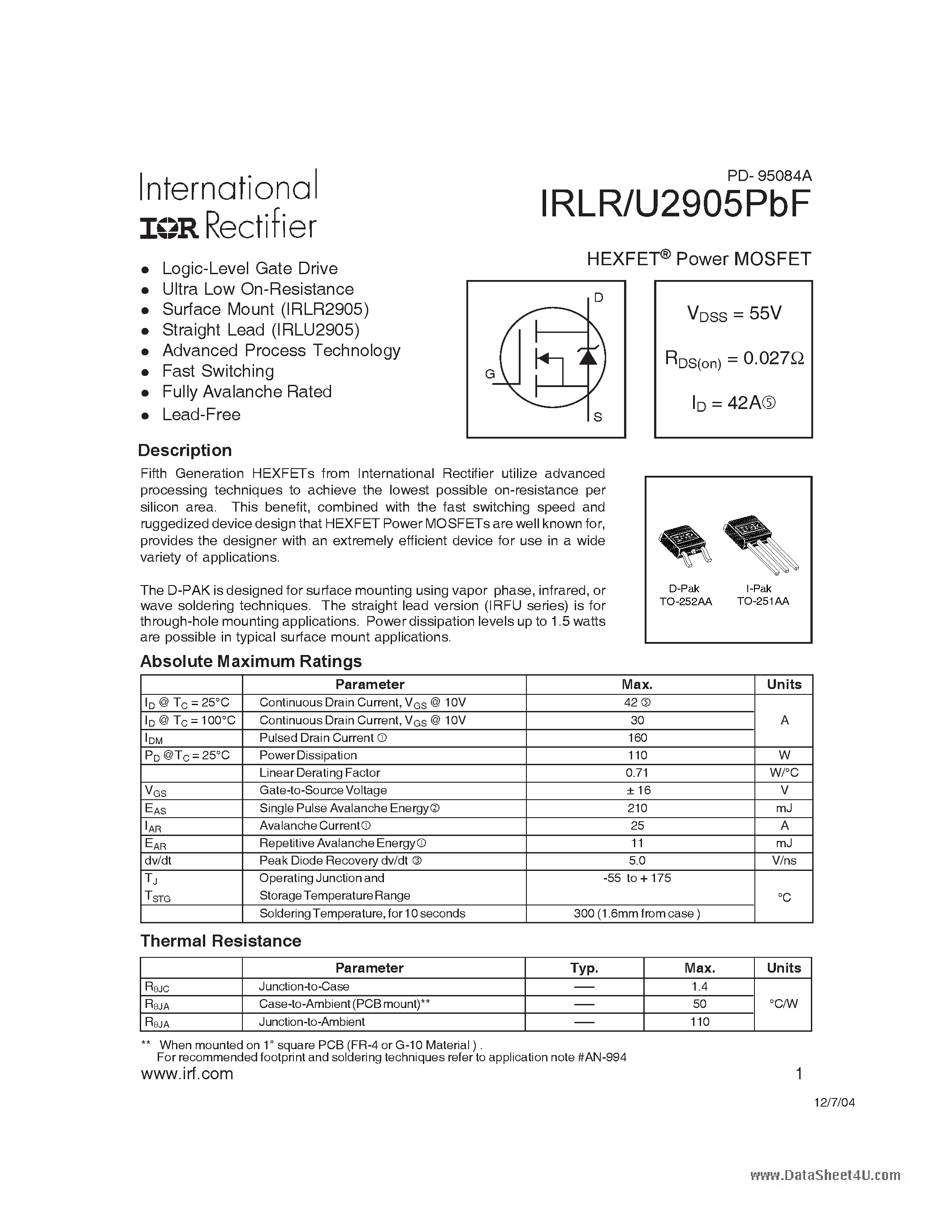 Datasheet IRLR2905PBF page 1 Datasheet IRLR2905PBF - POWER MOSFET page 1