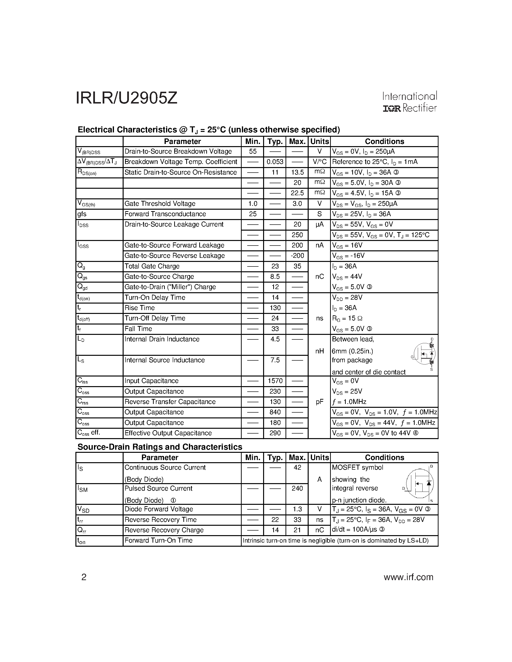 Даташит IRLR2905Z - POWER MOSFET страница 2