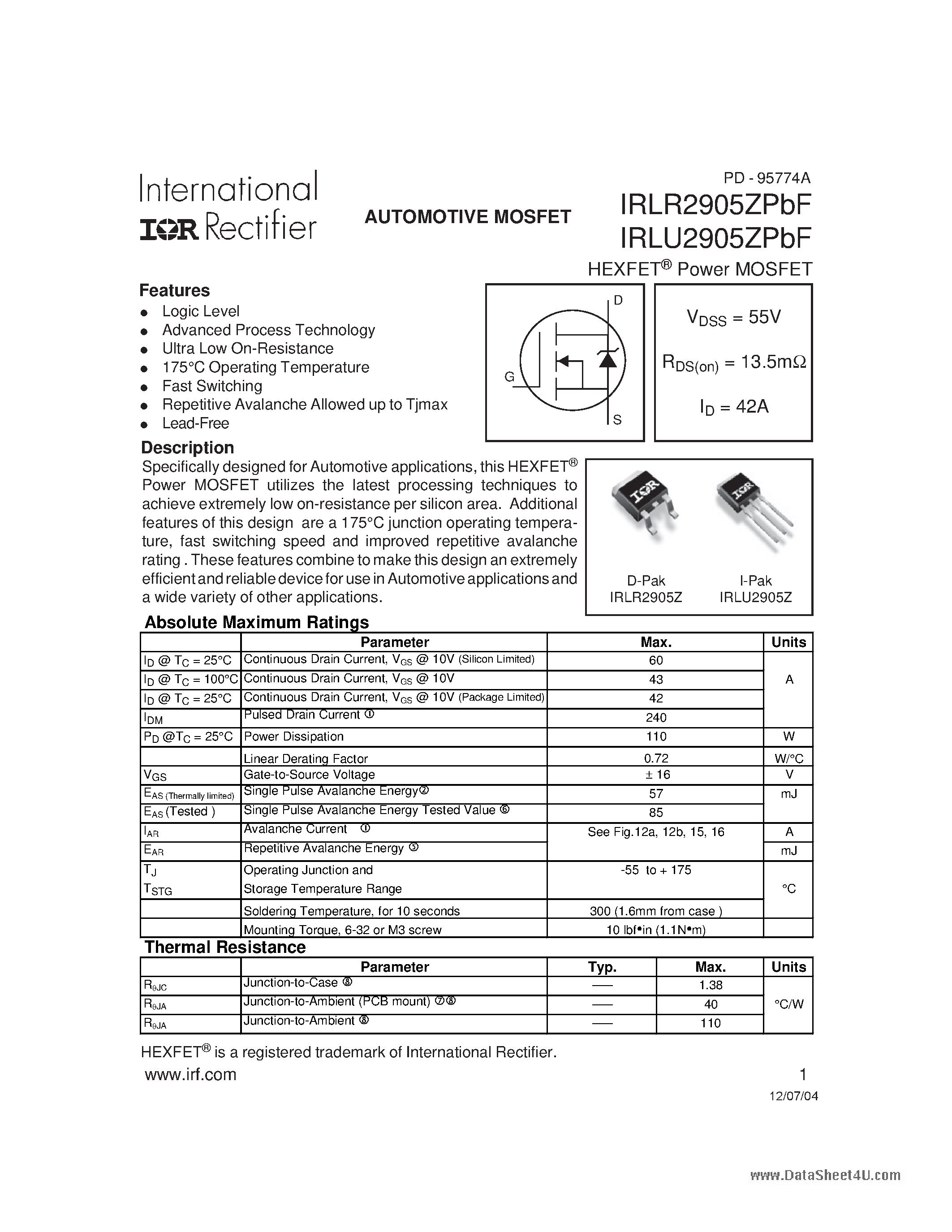Datasheet IRLR2905ZPBF page 1 Datasheet IRLR2905ZPBF - POWER MOSFET page 1