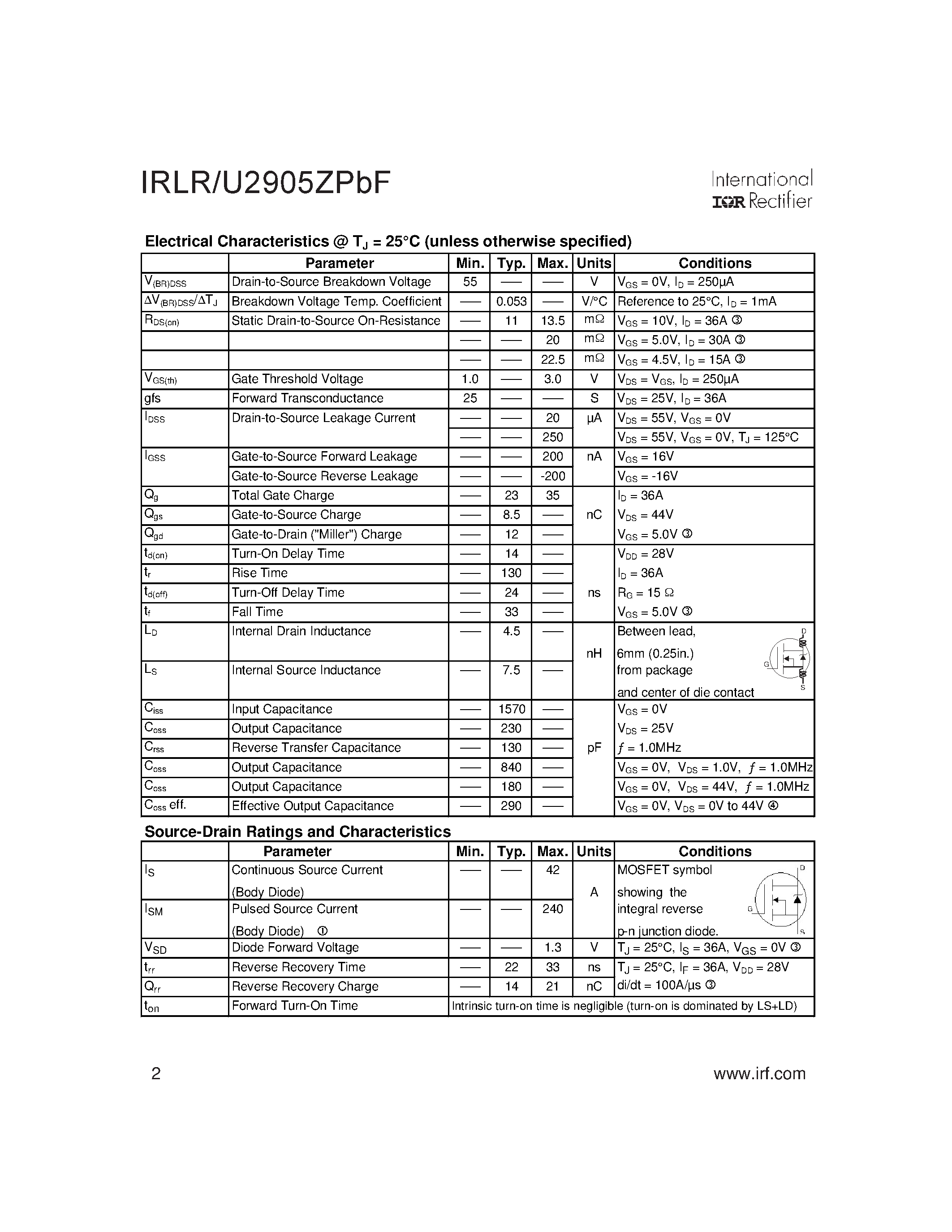 Datasheet IRLR2905ZPBF page 2 Datasheet IRLR2905ZPBF - POWER MOSFET page 2