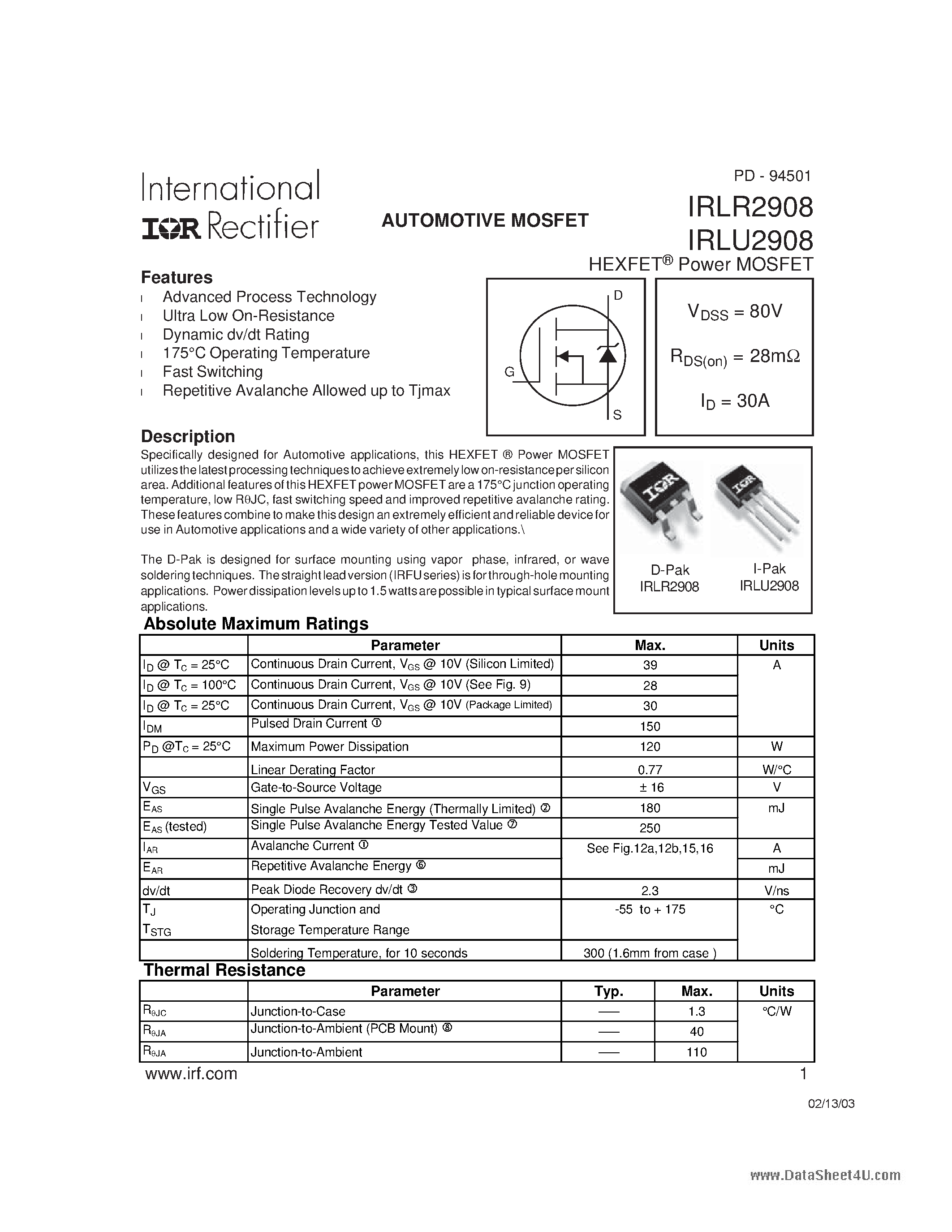 Даташит IRLR2908 - POWER MOSFET страница 1