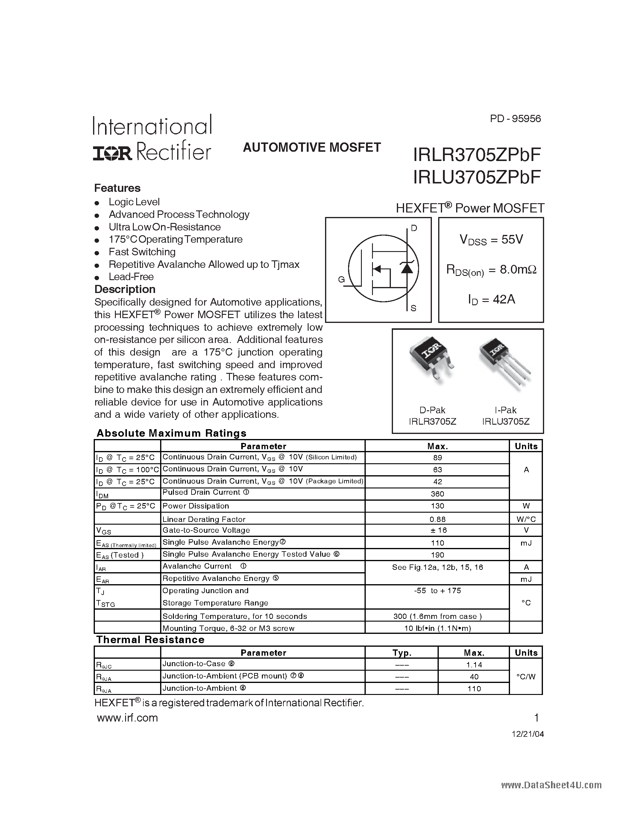Даташит IRLU3705ZPBF - POWER MOSFET страница 1