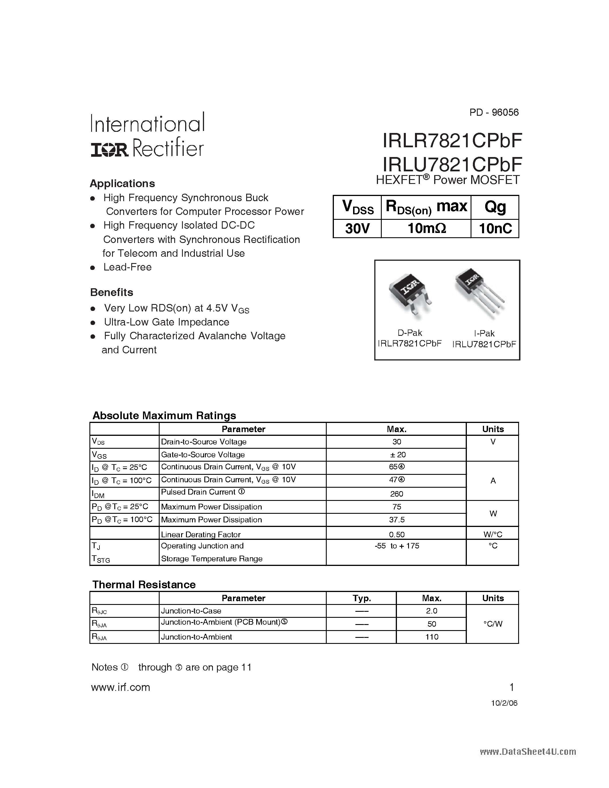 Datasheet IRLR7821CPBF - POWER MOSFET page 1