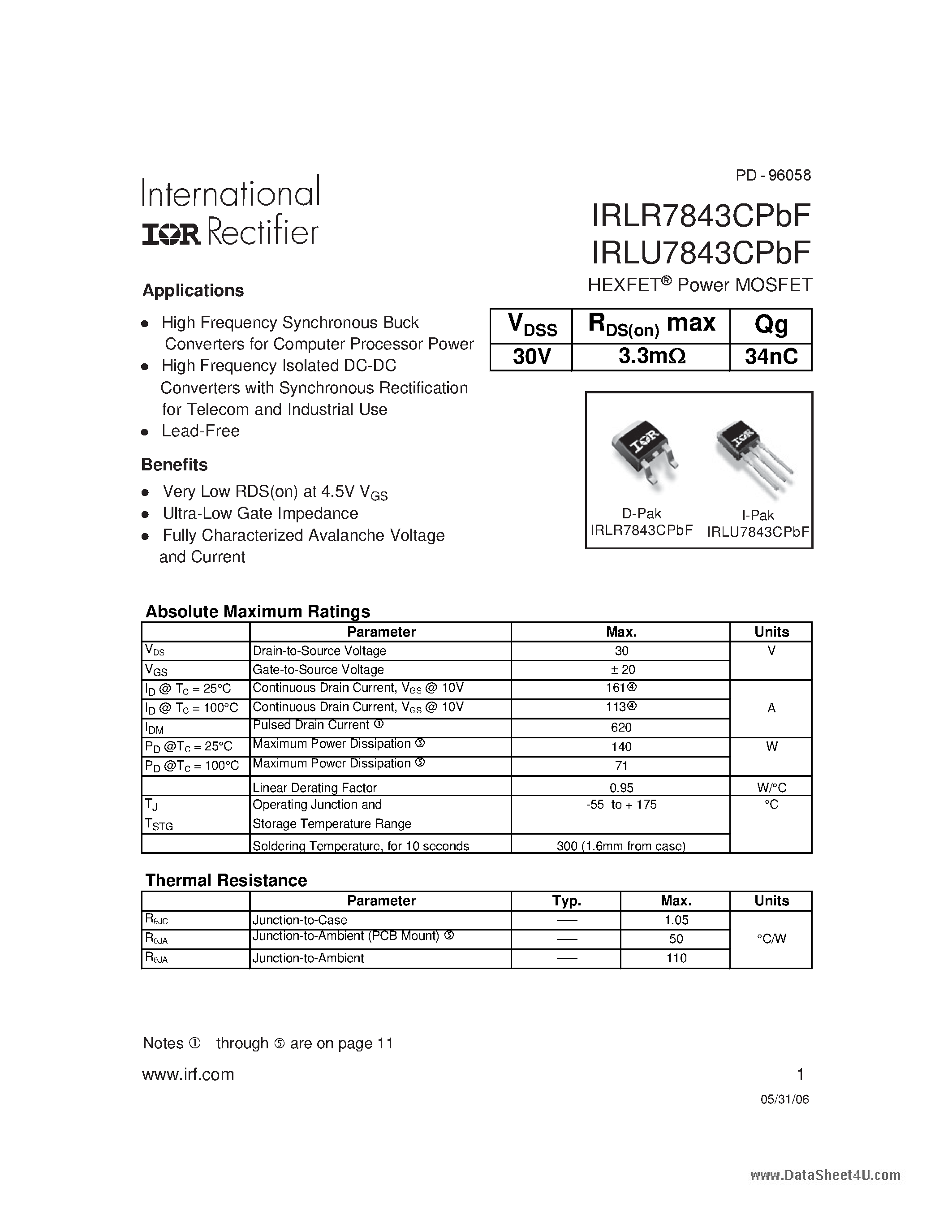 Даташит IRLR7843CPBF - POWER MOSFET страница 1