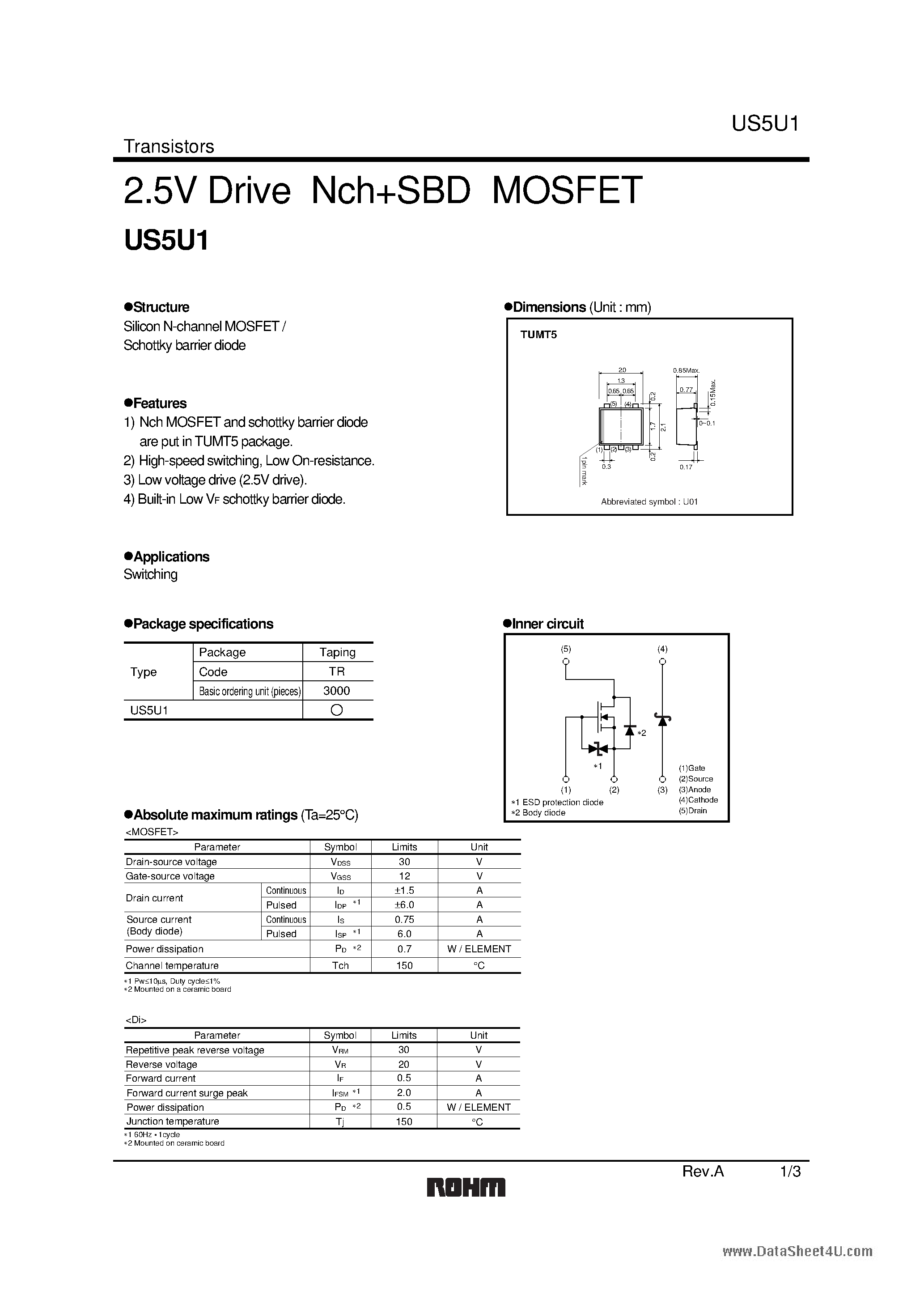 Datasheet US5U1 page 1 Datasheet US5U1 - 2.5V Drive Nch+SBD MOSFET page 1