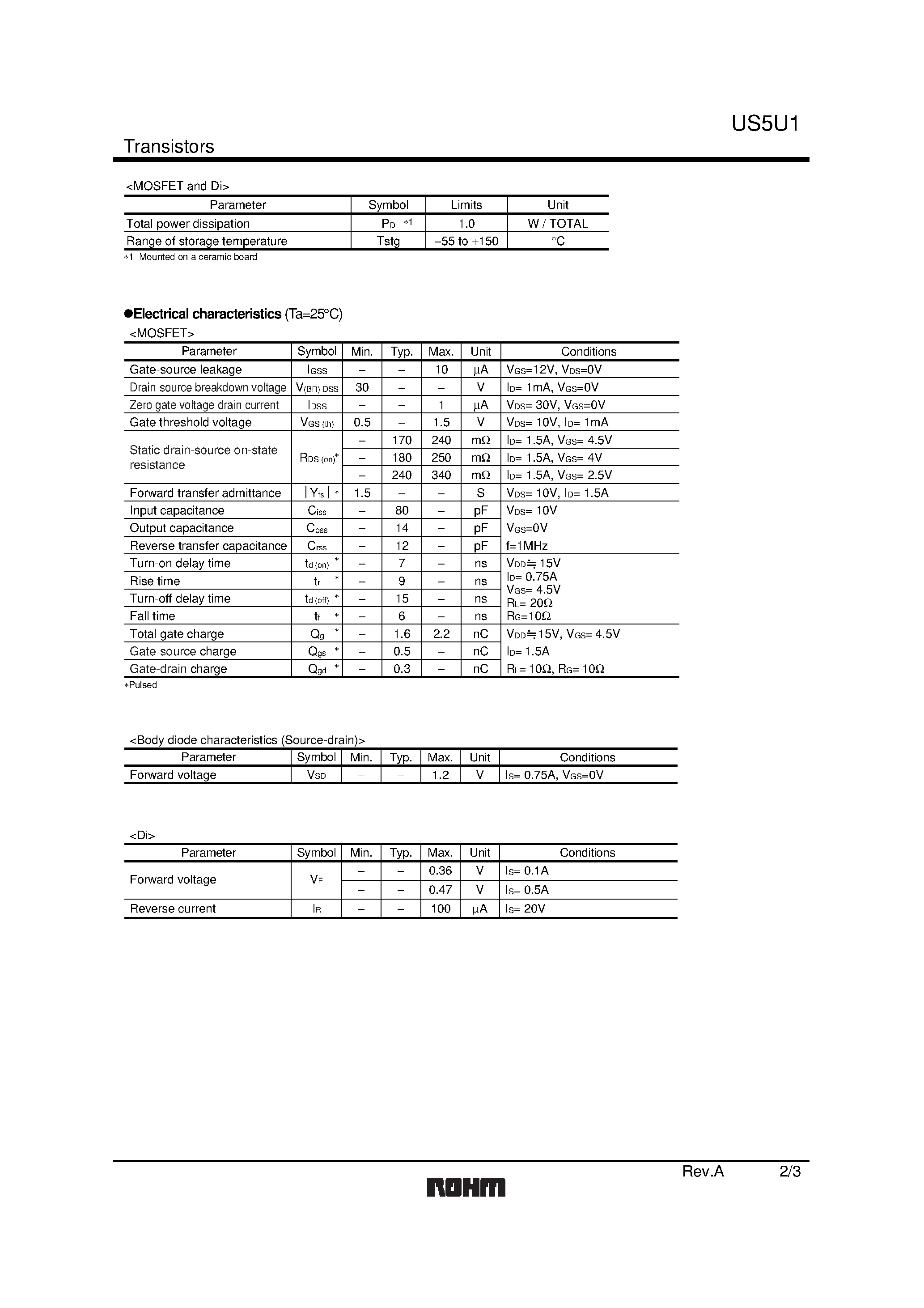 Datasheet US5U1 page 2 Datasheet US5U1 - 2.5V Drive Nch+SBD MOSFET page 2
