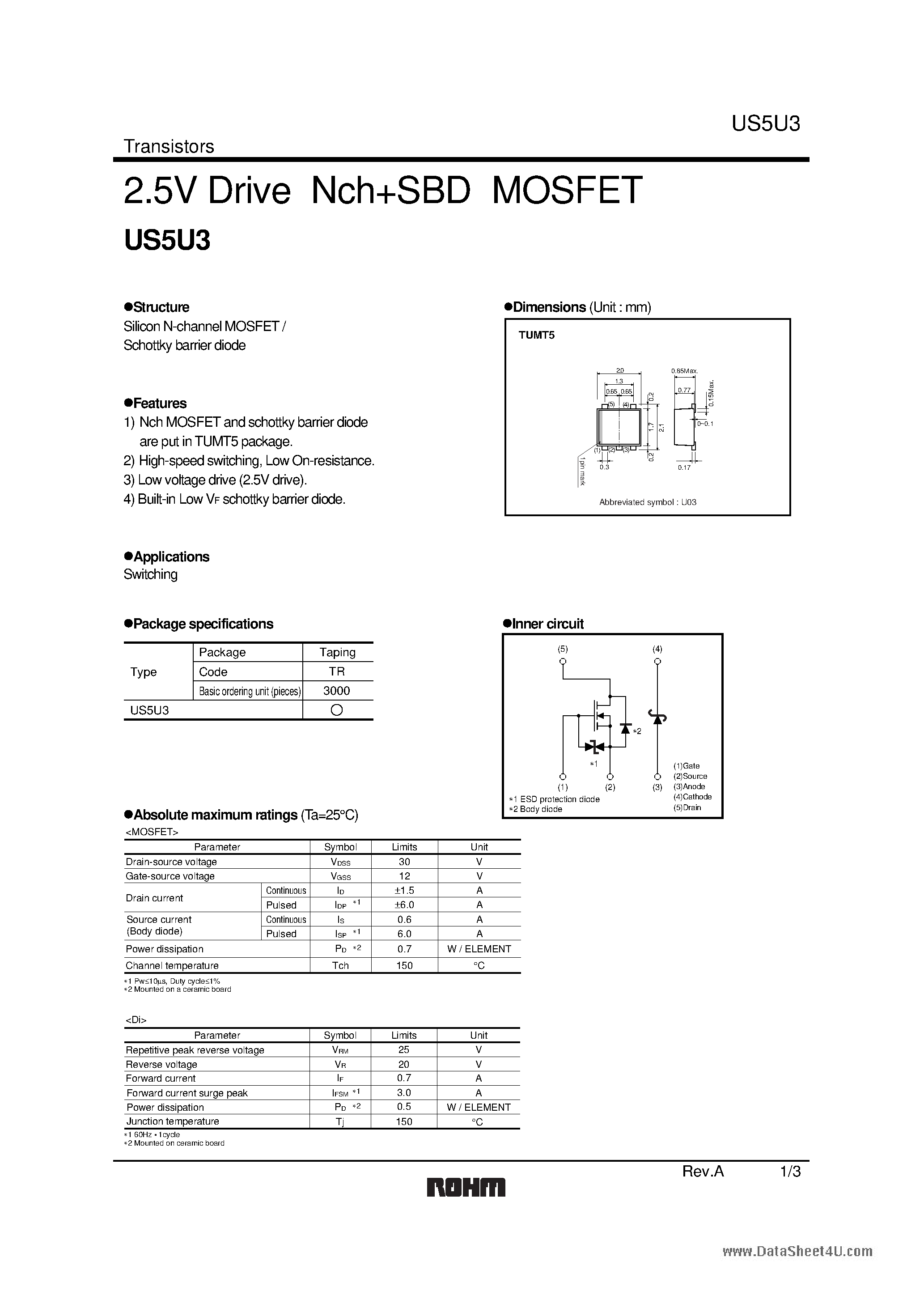 Datasheet US5U3 page 1 Datasheet US5U3 - 2.5V Drive Nch+SBD MOSFET page 1