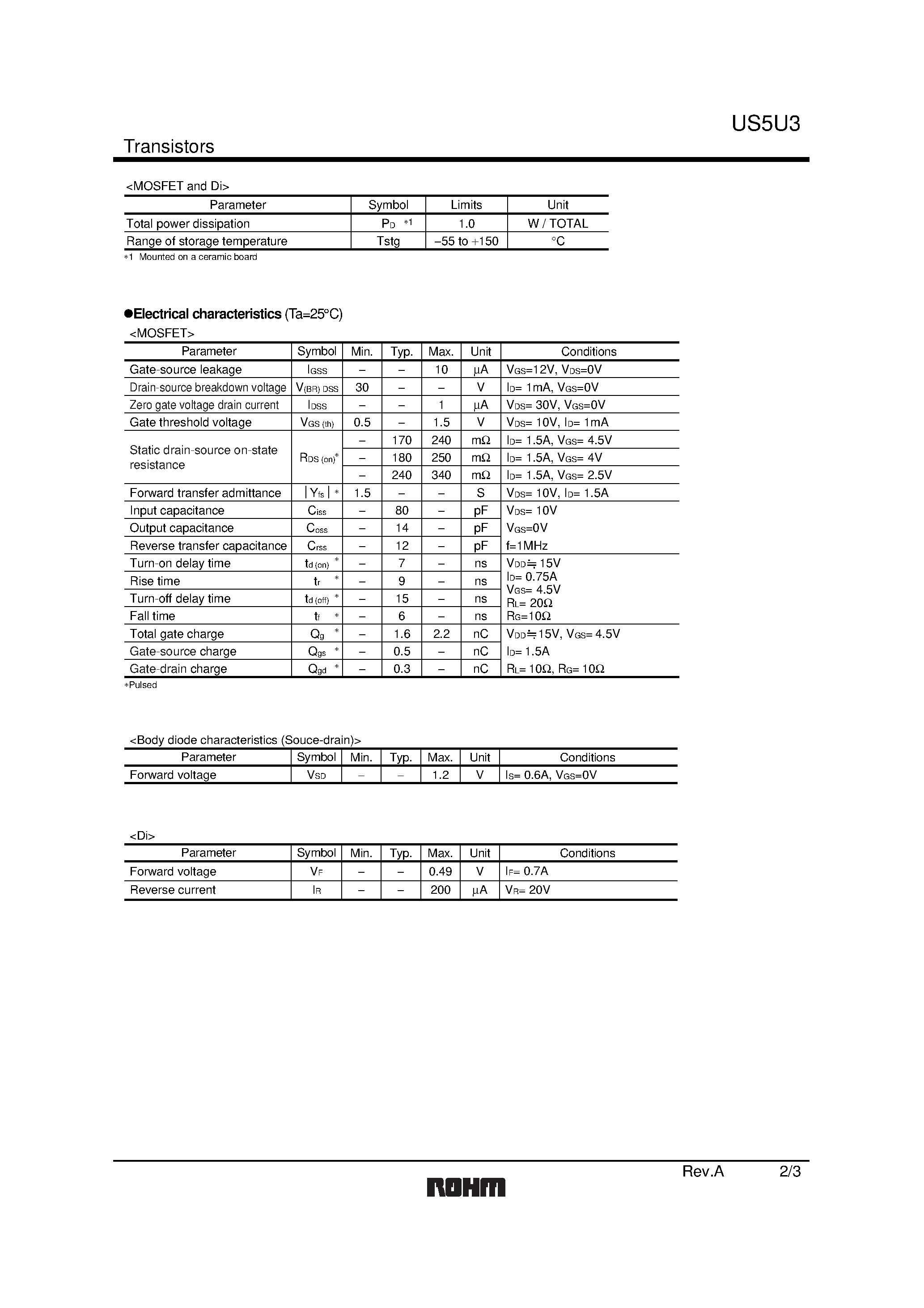 Datasheet US5U3 page 2 Datasheet US5U3 - 2.5V Drive Nch+SBD MOSFET page 2