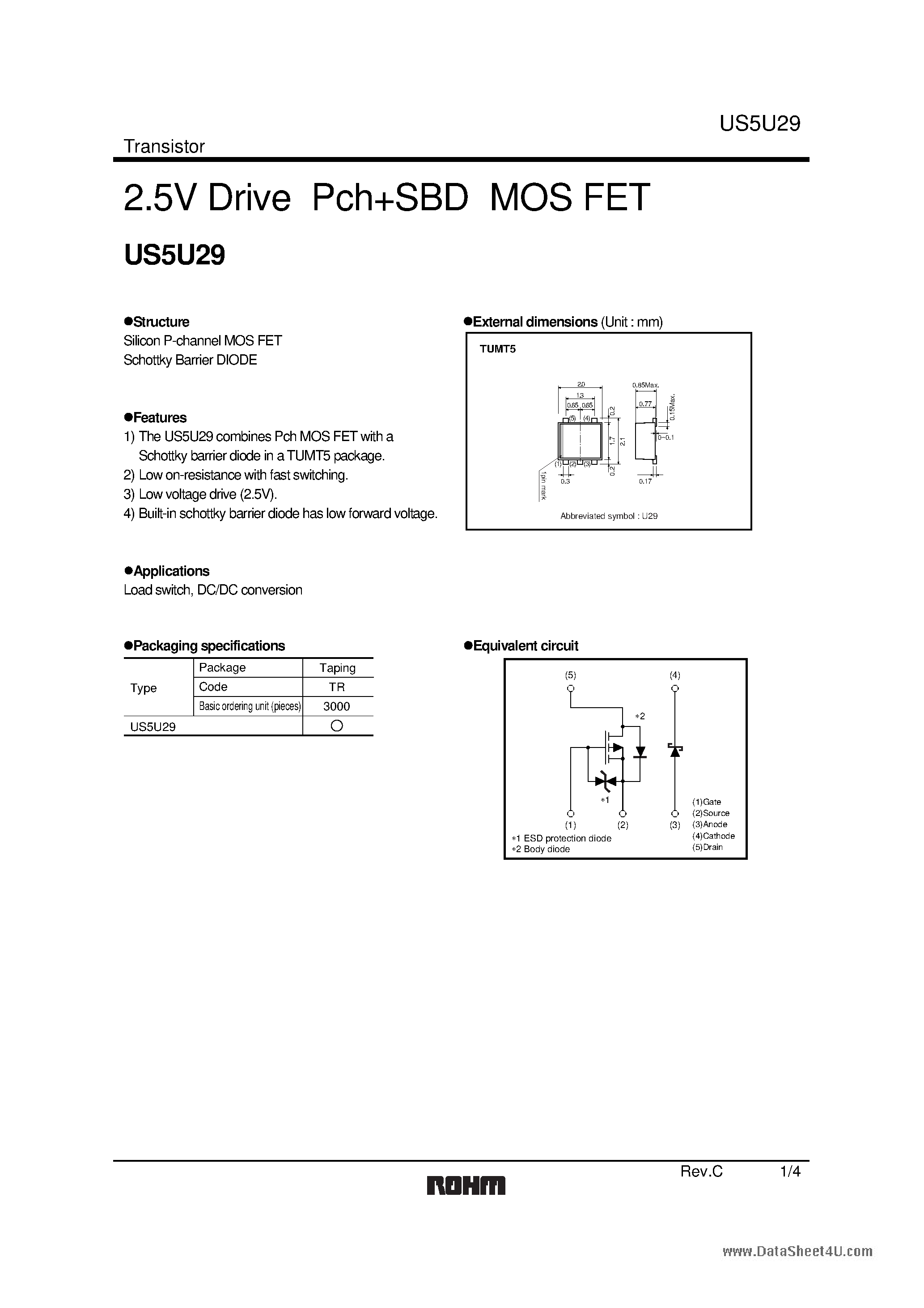 Datasheet US5U29 page 1 Datasheet US5U29 - 2.5V Drive Pch+SBD MOS FET page 1