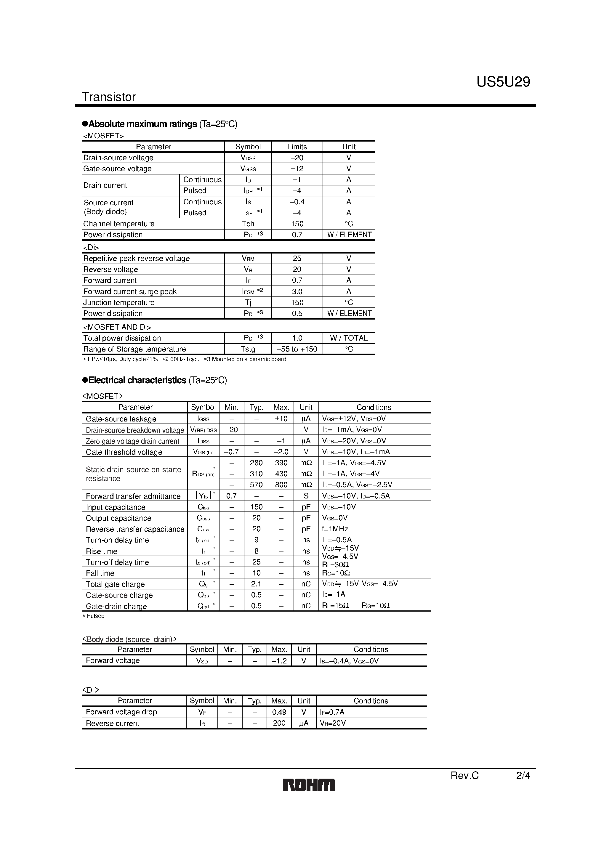Datasheet US5U29 page 2 Datasheet US5U29 - 2.5V Drive Pch+SBD MOS FET page 2