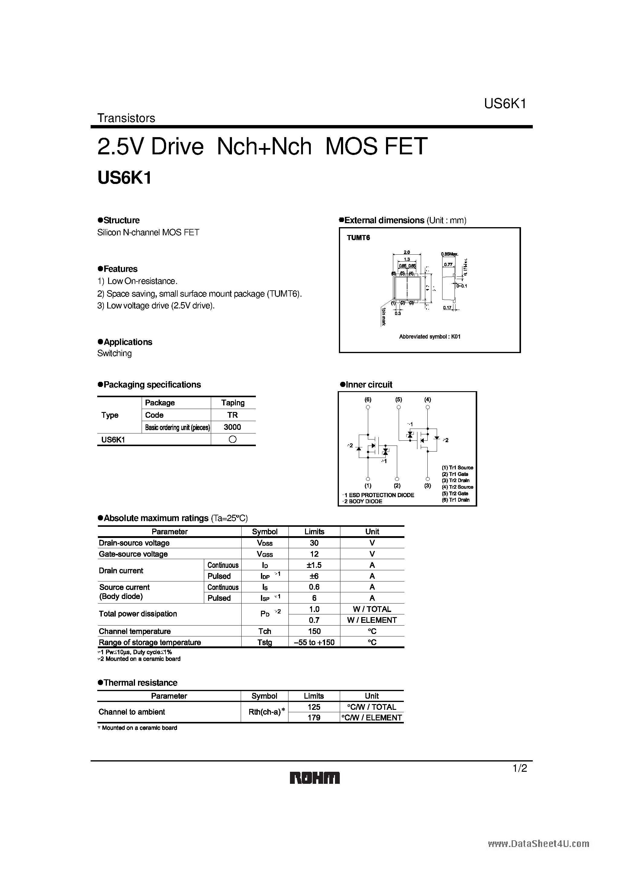 Datasheet US6K1 page 1 Datasheet US6K1 - 2.5V Drive Nch+Nch MOS FET page 1