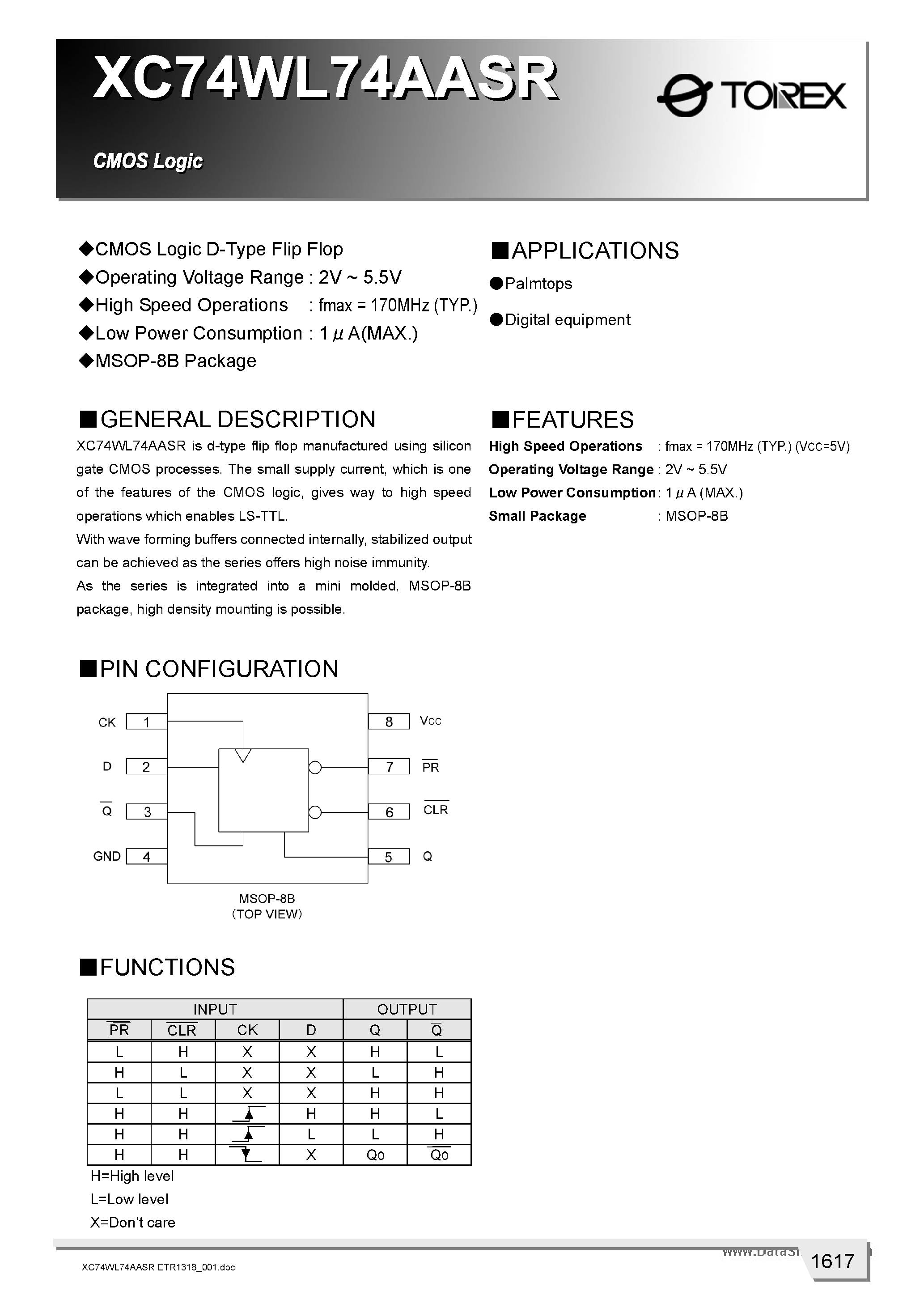 Даташит XC74WL74AASR - CMOS Logic D-Type Flip Flop страница 1