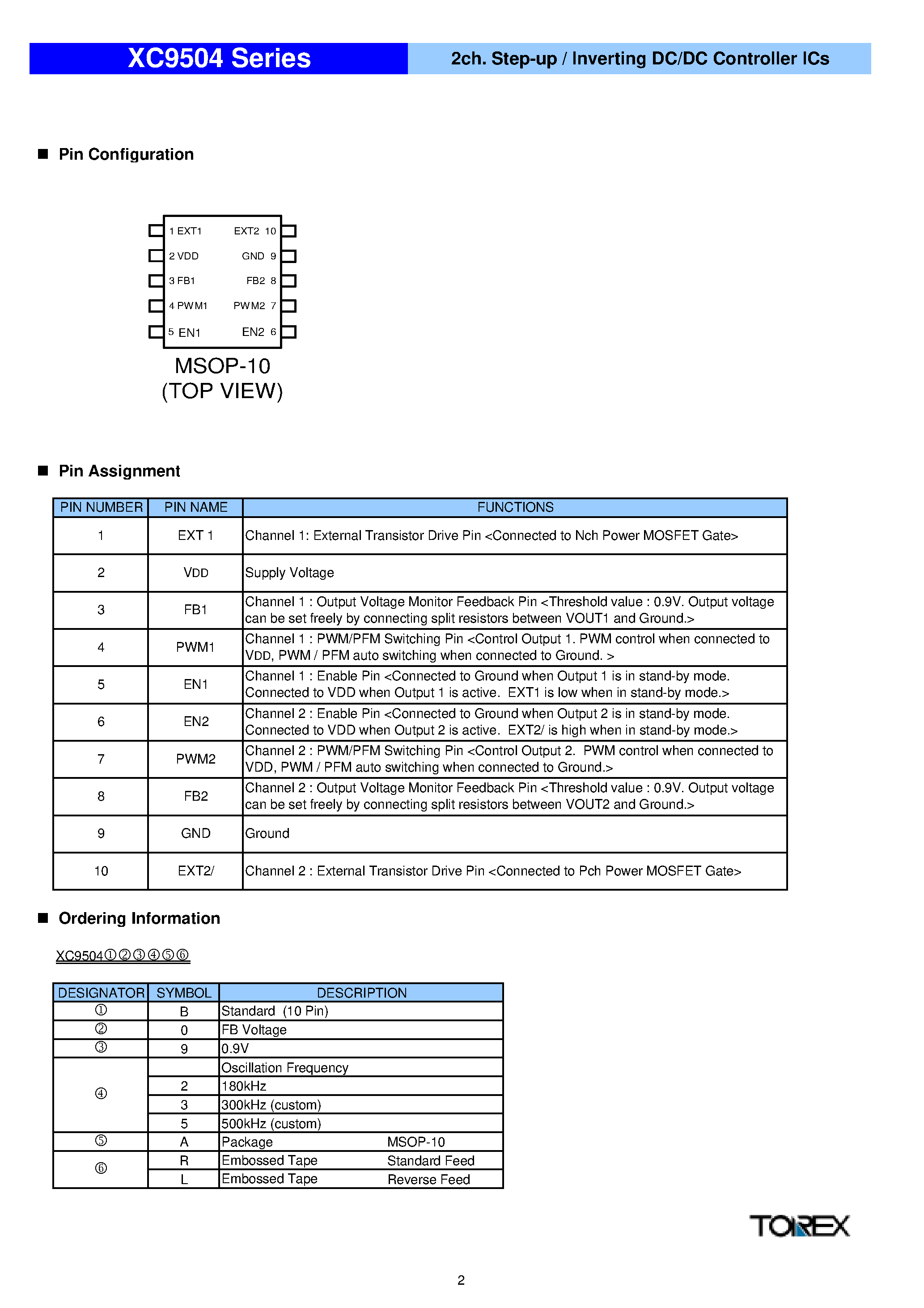 Datasheet XC9504 page 2 Datasheet XC9504 - Step-up / Inverting DC/DC Controller ICs page 2