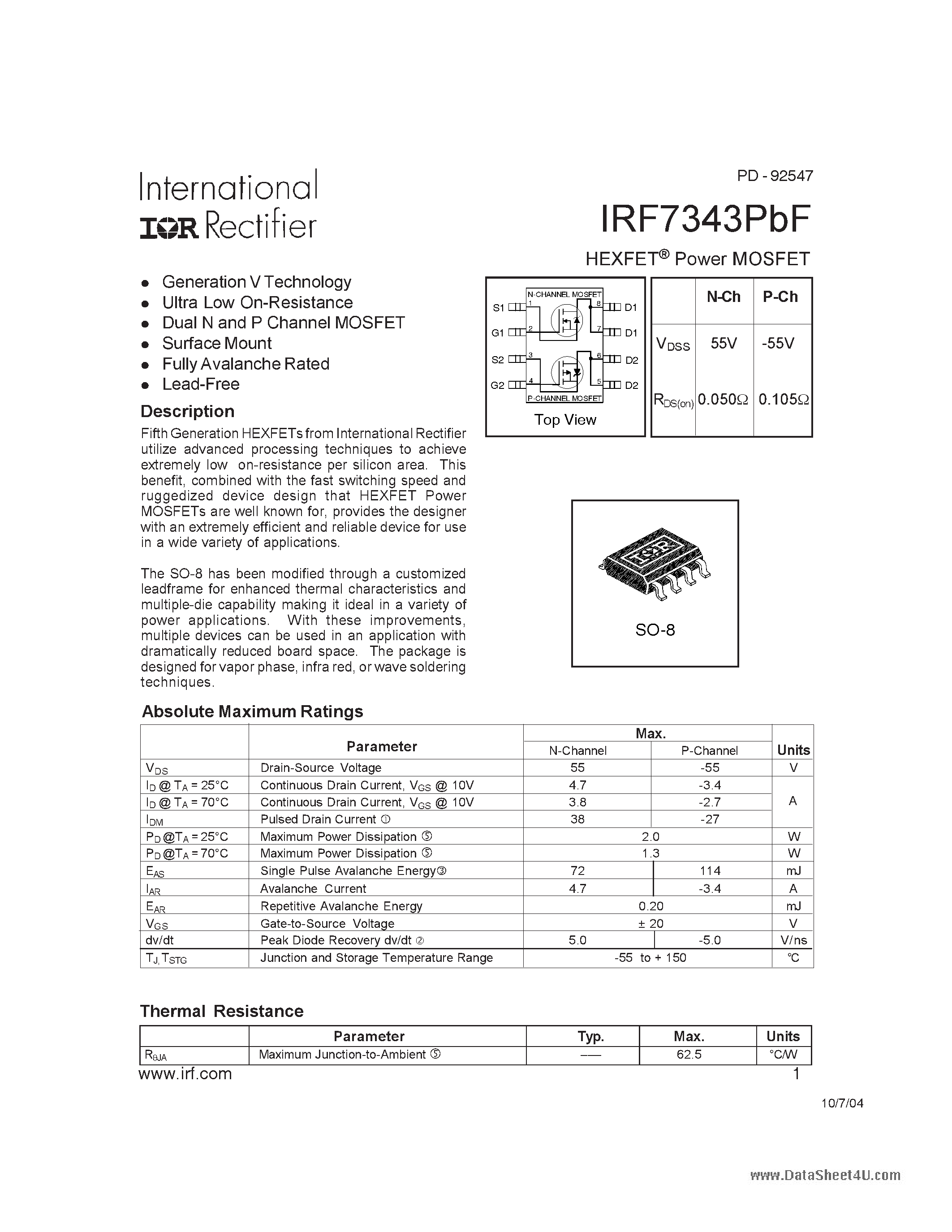 Datasheet IRF7343PBF page 1 Datasheet IRF7343PBF - HEXFET Power MOSFET page 1