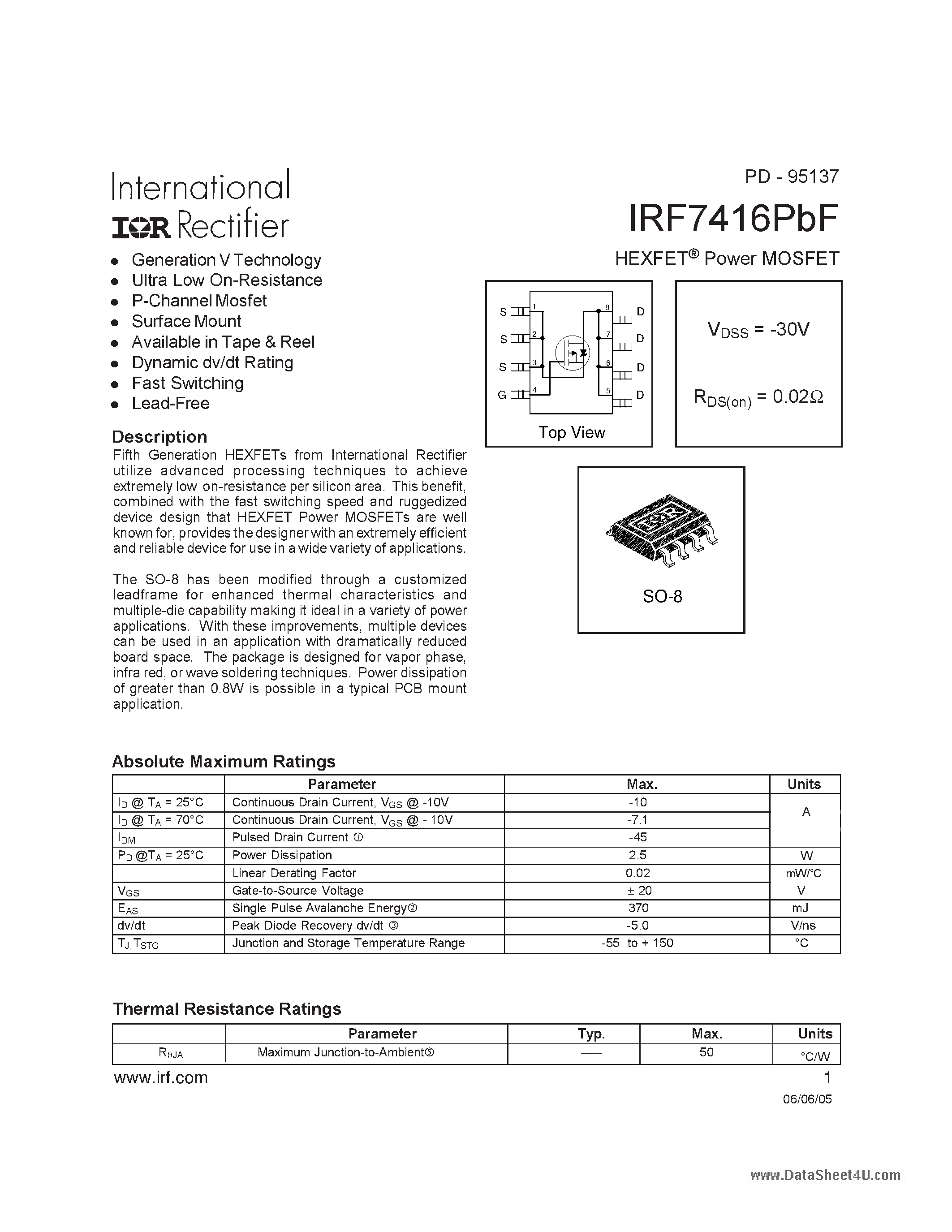Datasheet IRF7416PBF - HEXFET Power MOSFET page 1