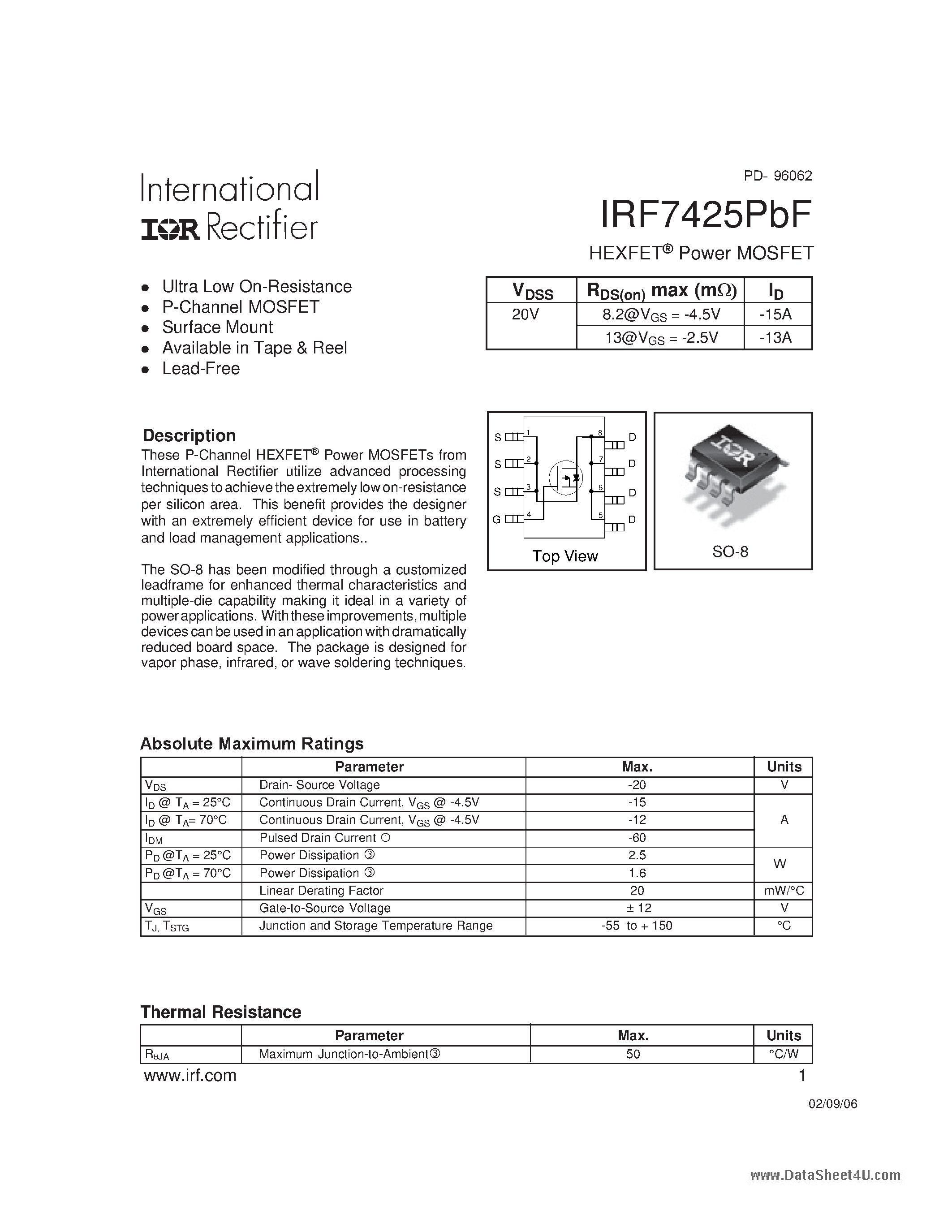 Datasheet IRF7425PBF - HEXFET Power MOSFET page 1