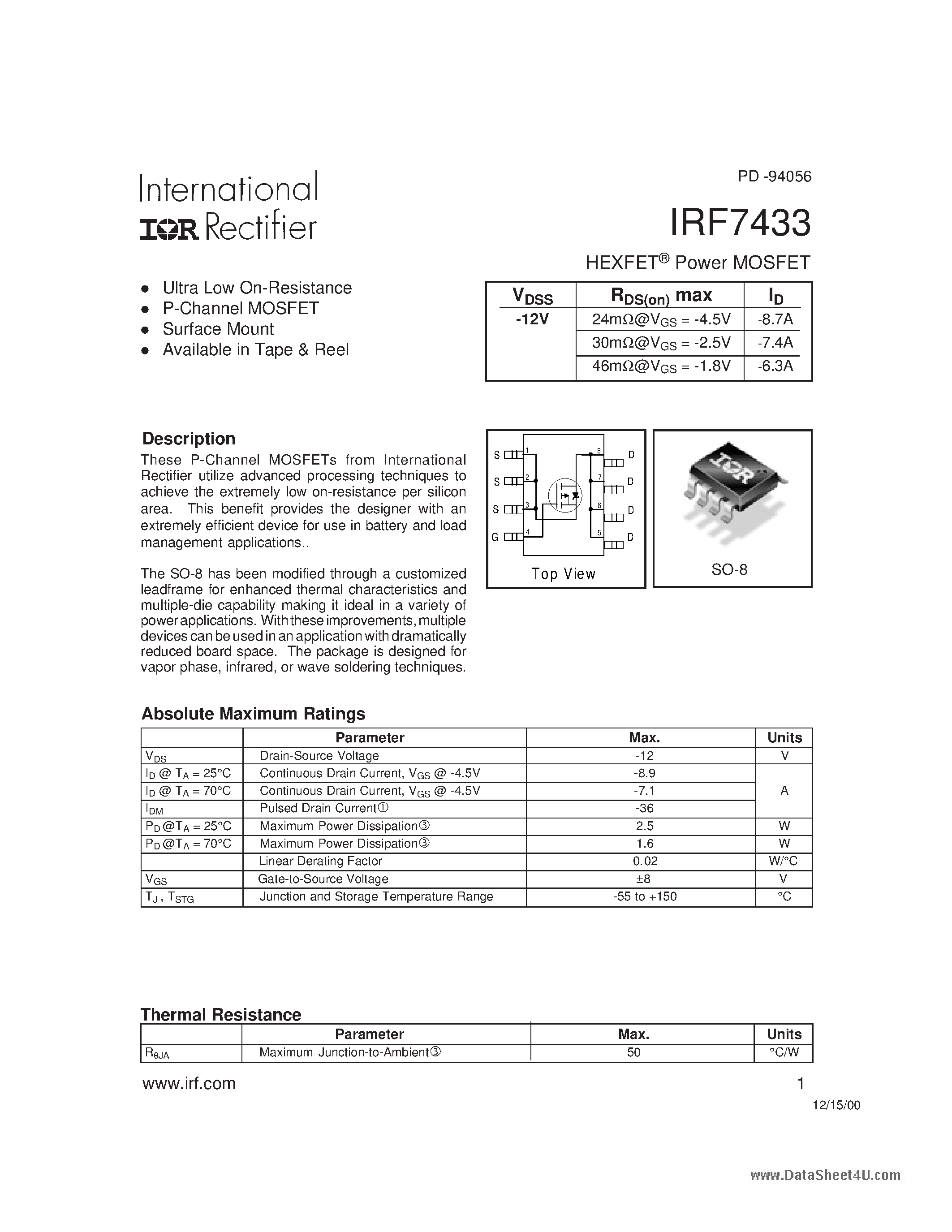 Datasheet IRF7433 - HEXFET Power MOSFET page 1