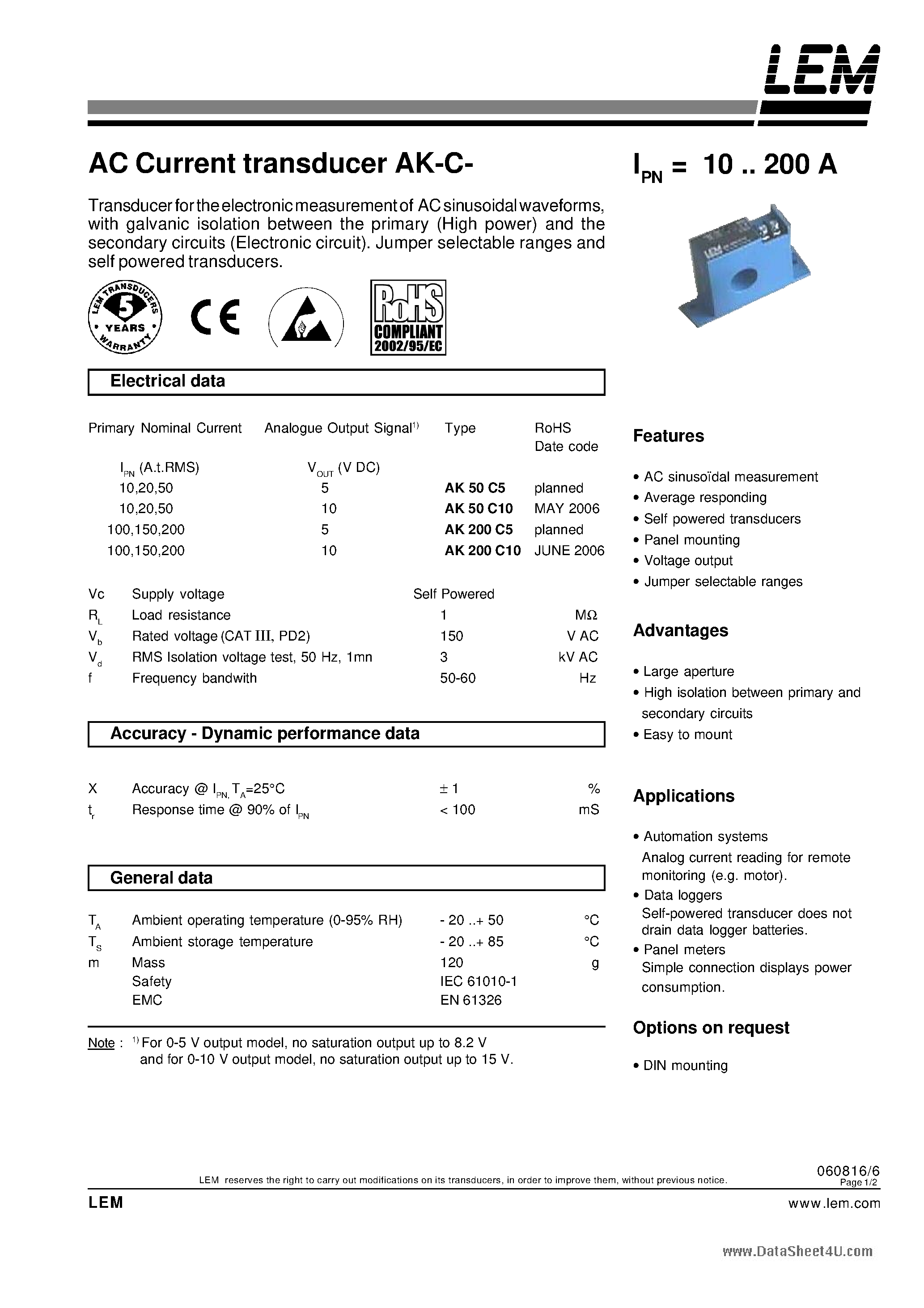 Datasheet AK-C- page 1 Datasheet AK-C- - AC Current transducer page 1