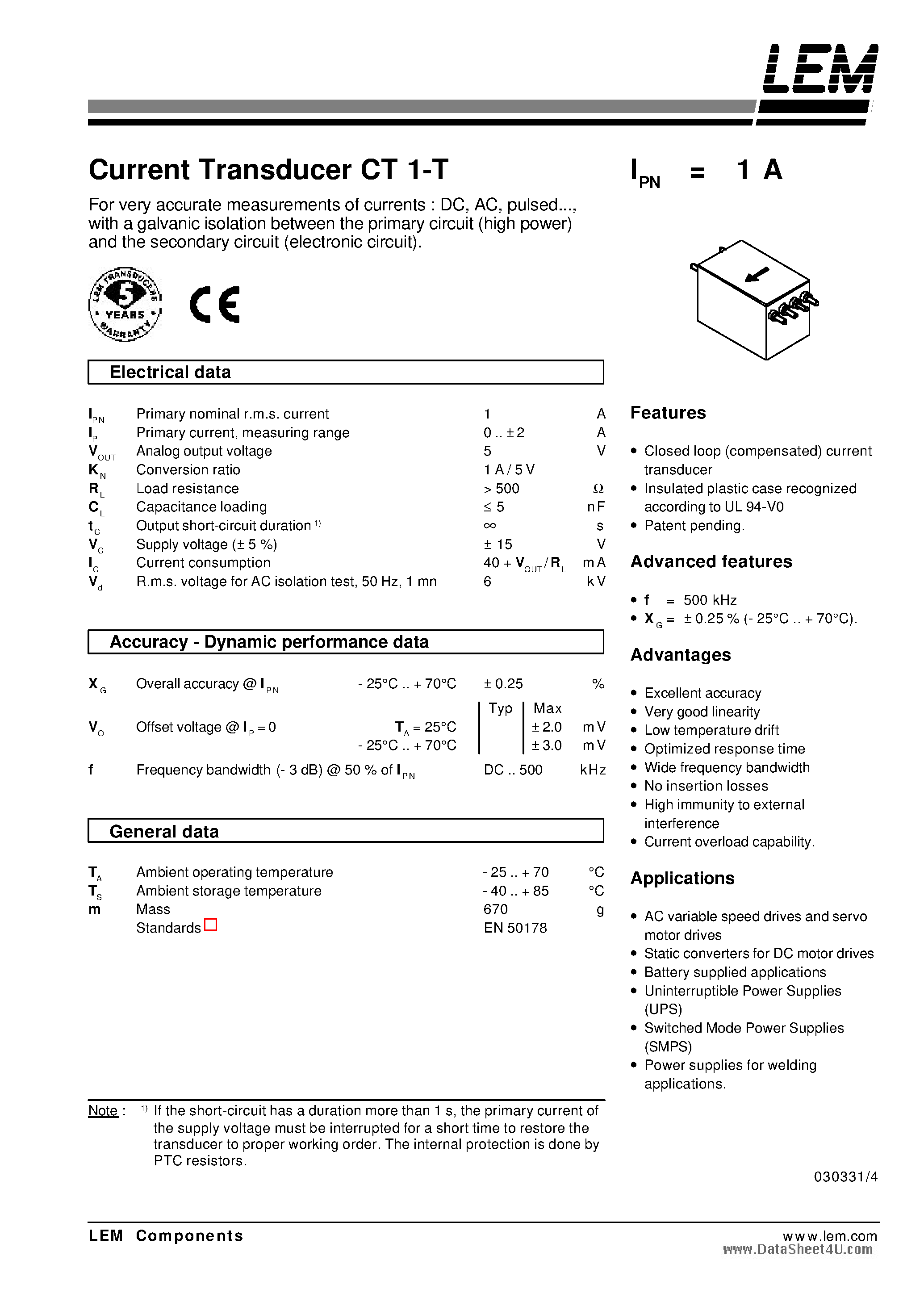 Datasheet CT1-T page 1 Datasheet CT1-T - Current Transducer page 1