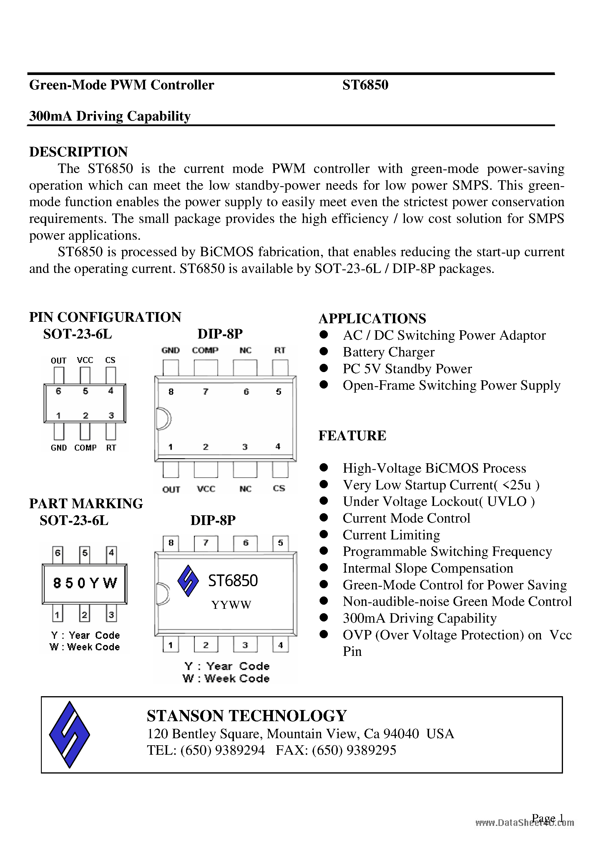 Datasheet ST6850 page 1 Datasheet ST6850 - Green-Mode PWM Controller page 1