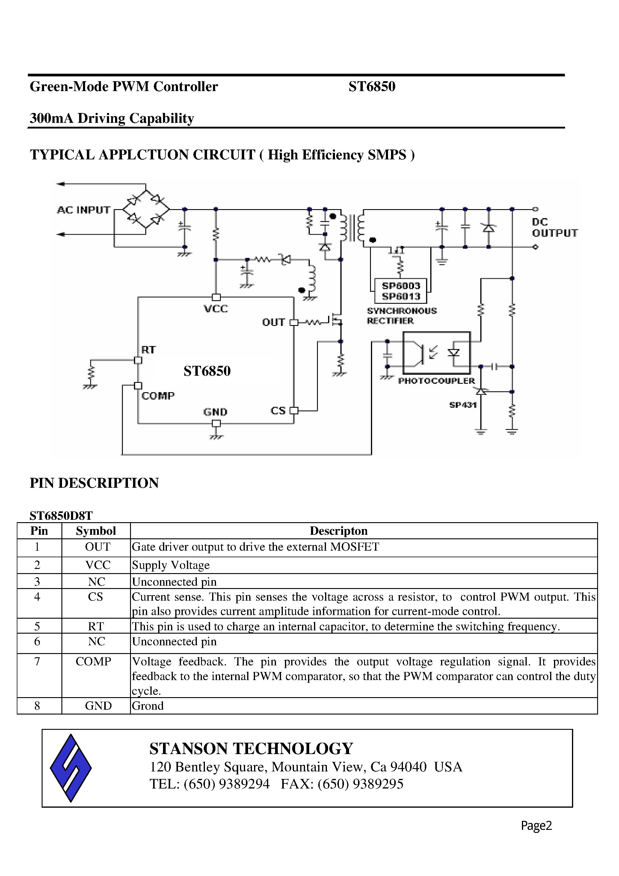 Datasheet ST6850 page 2 Datasheet ST6850 - Green-Mode PWM Controller page 2