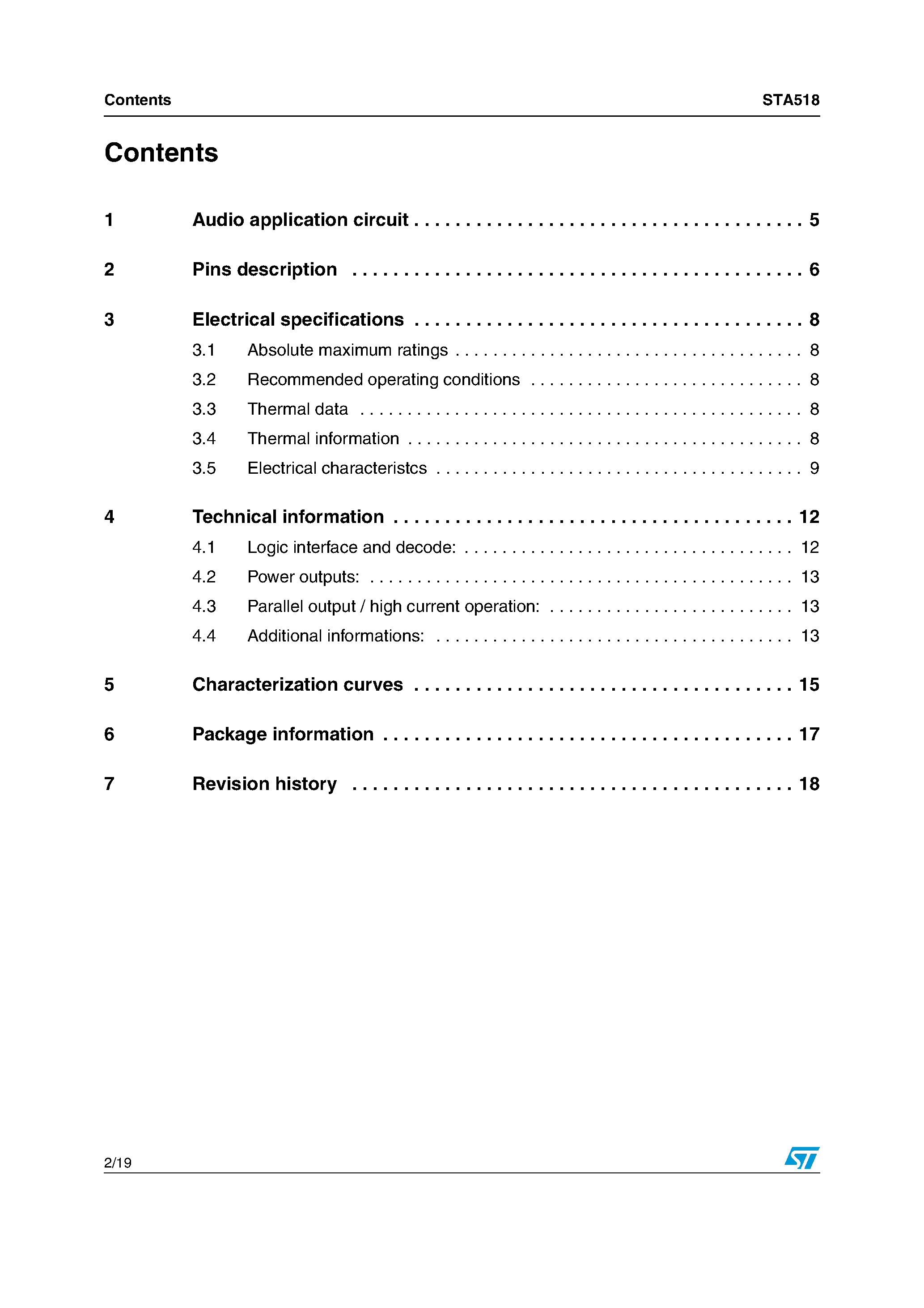 Datasheet STA518 page 2 Datasheet STA518 - 40V 3.5A quad power half bridge page 2
