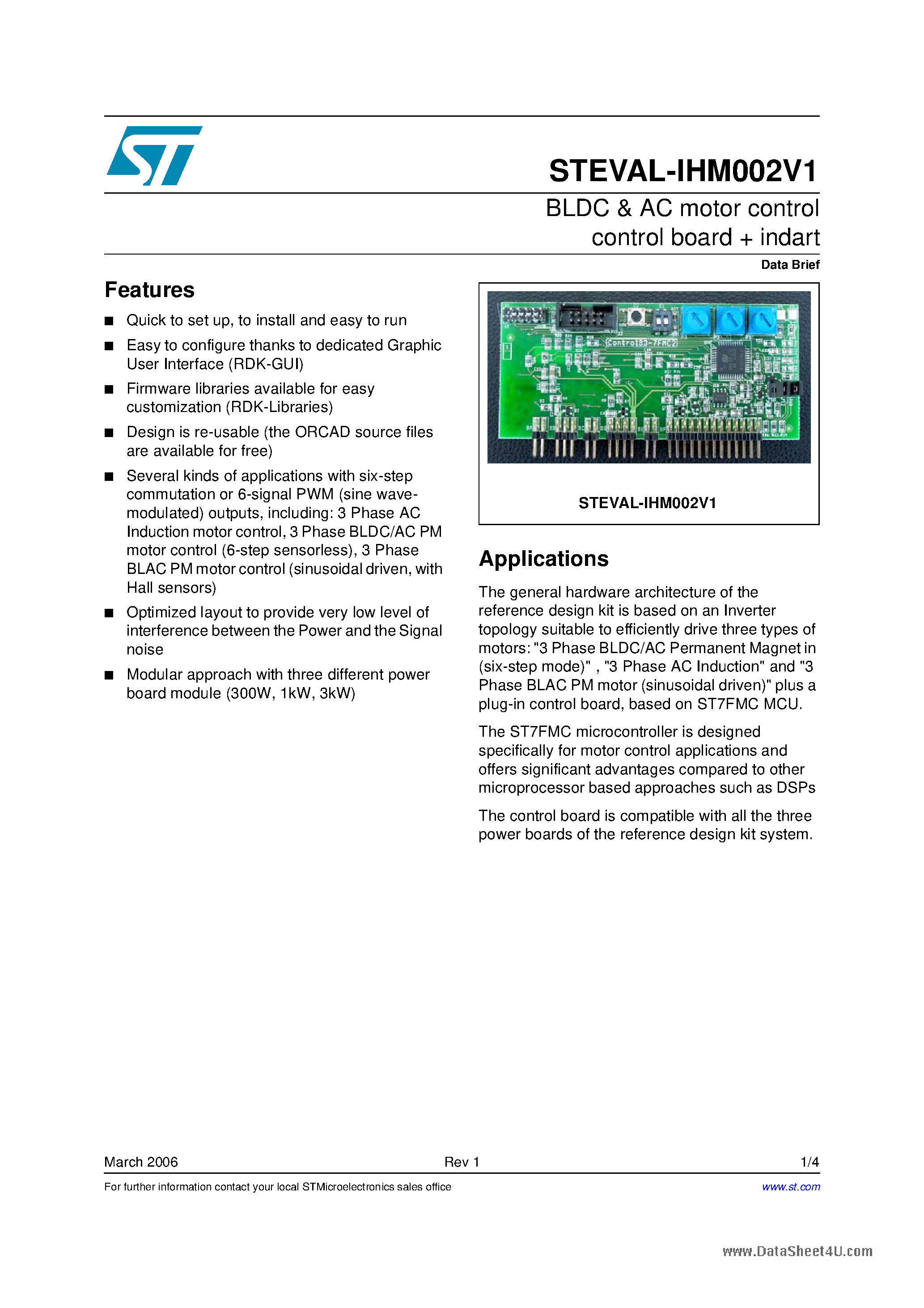 Datasheet STEVAL-IHM002V1 - BLDC & AC motor control control board + indart page 1