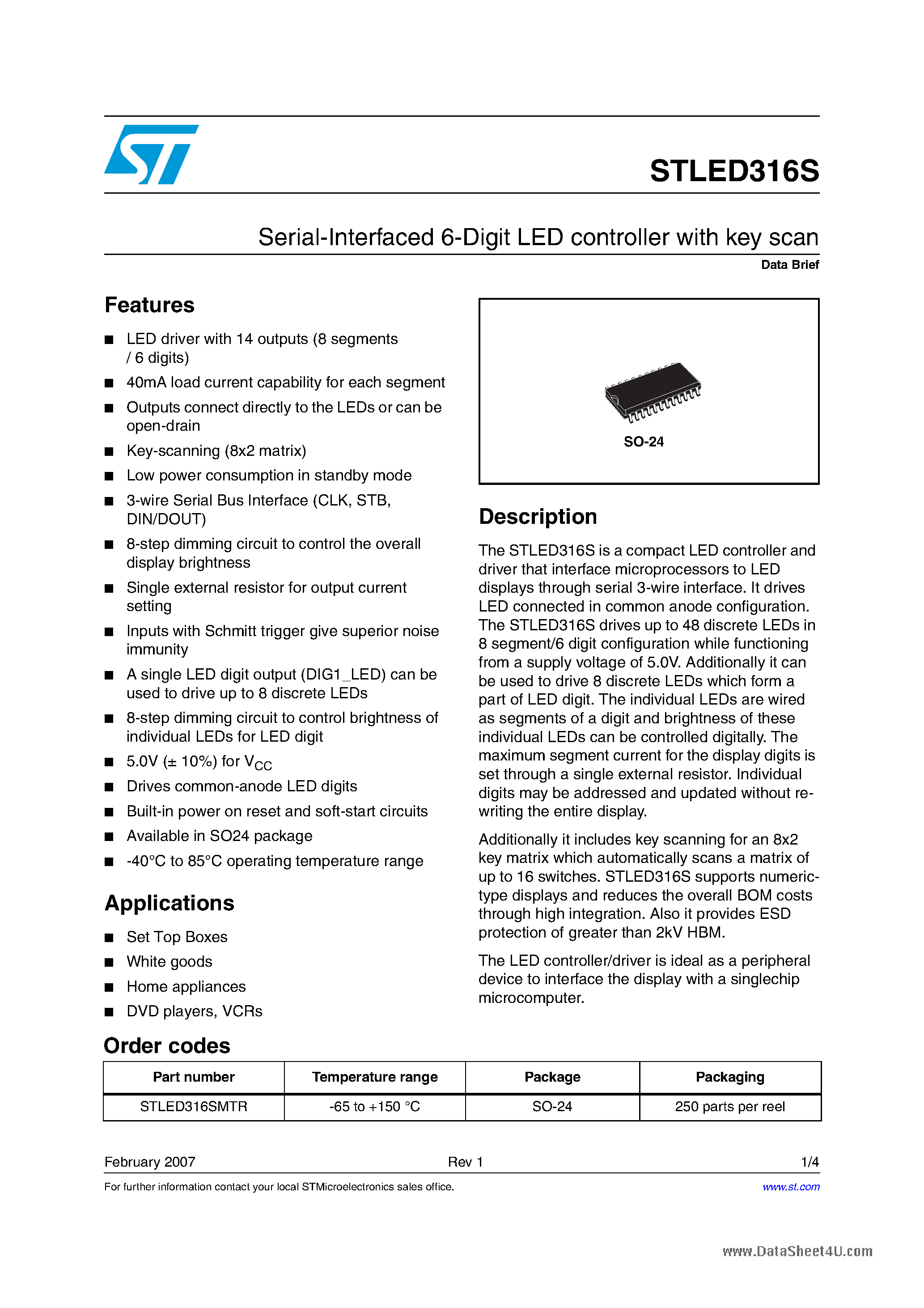 Datasheet STLED316S page 1 Datasheet STLED316S - Serial-Interfaced 6-Digit LED controller page 1