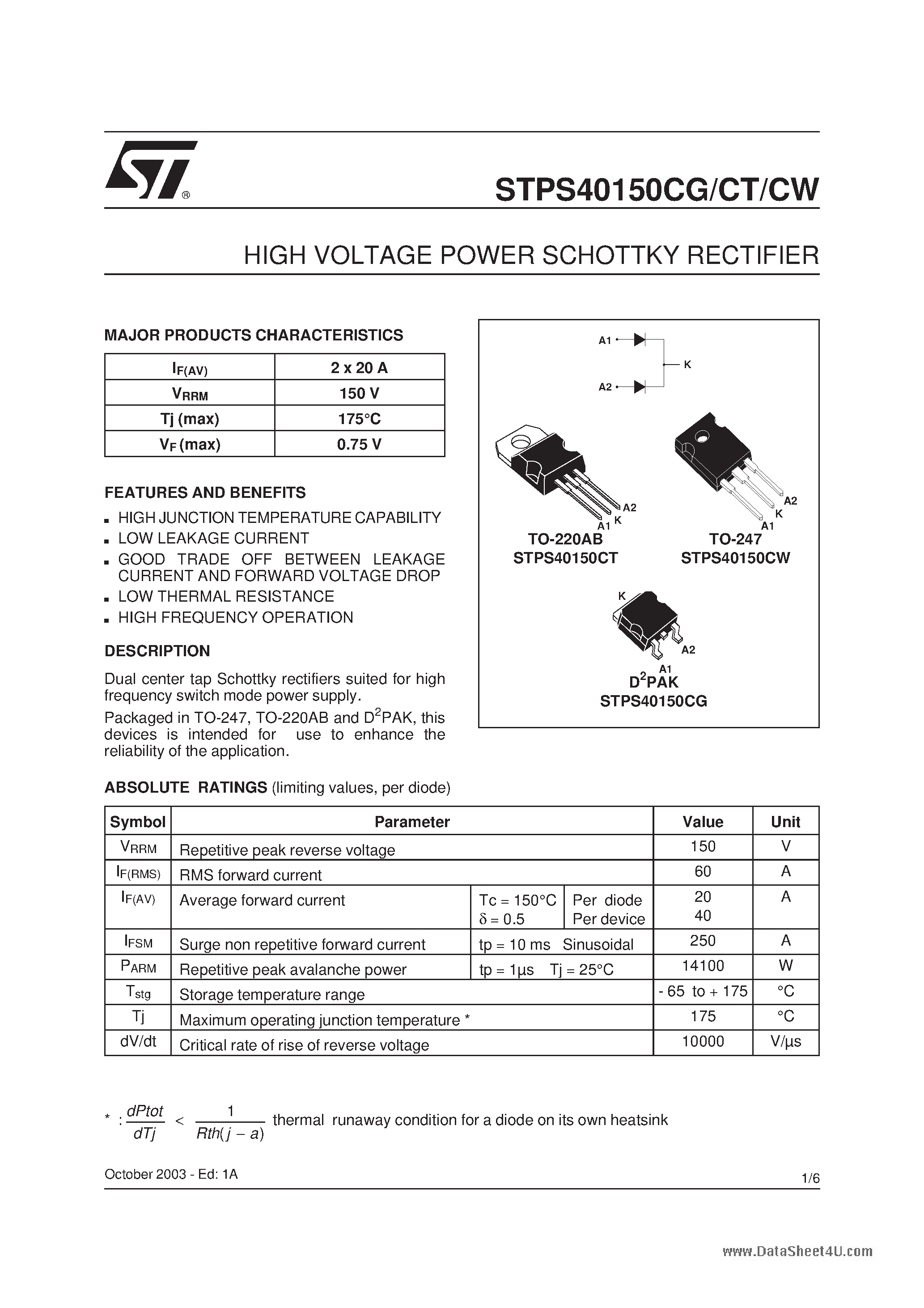 Даташит на микросхему STPS40150CG страница 1 Даташит STPS40150CG - (STPS40150Cx) HIGH VOLTAGE POWER SCHOTTKY RECTIFIER страница 1