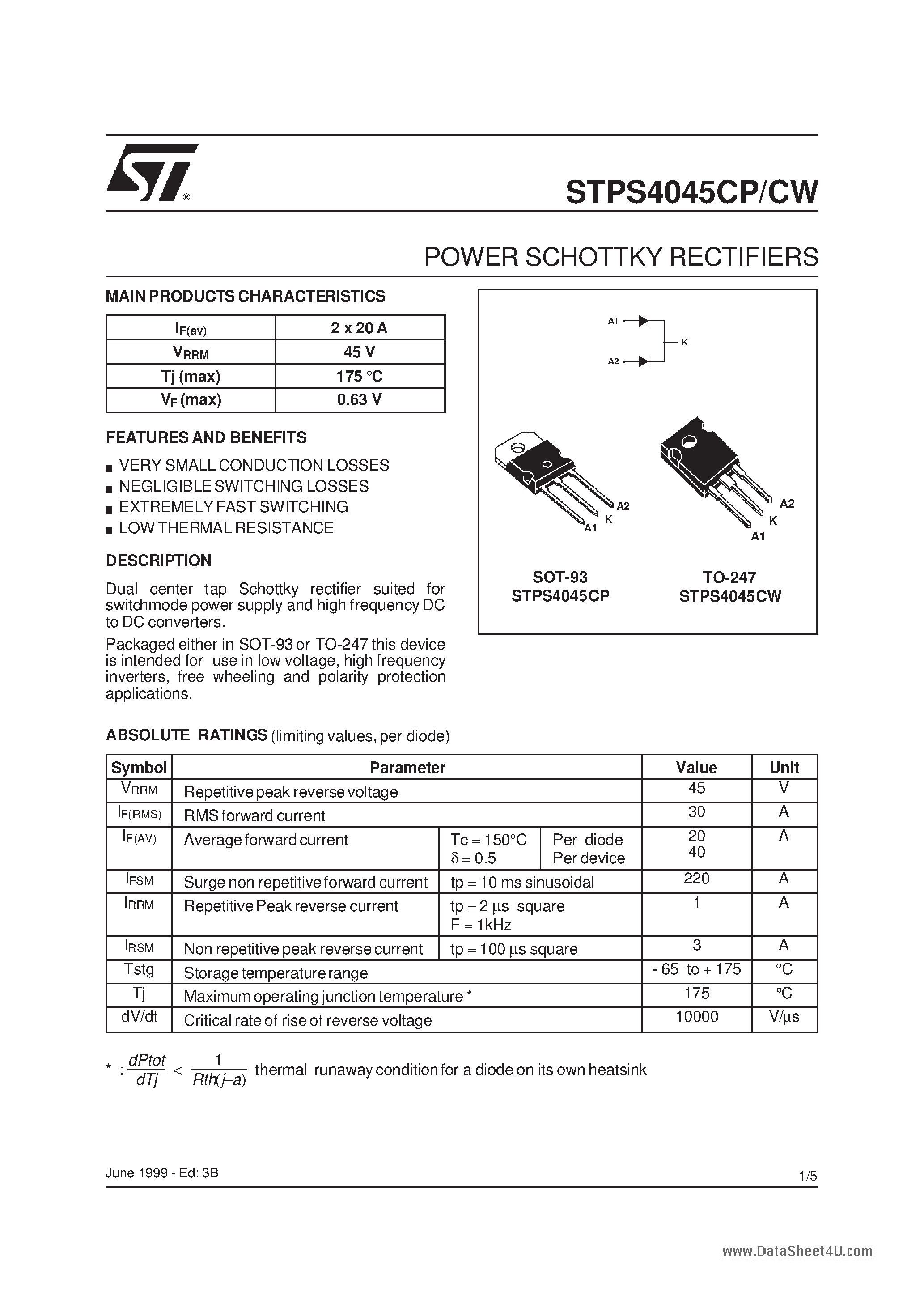 Даташит на микросхему STPS4045CP страница 1 Даташит STPS4045CP - (STPS4045CP/CW) POWER SCHOTTKY RECTIFIERS страница 1
