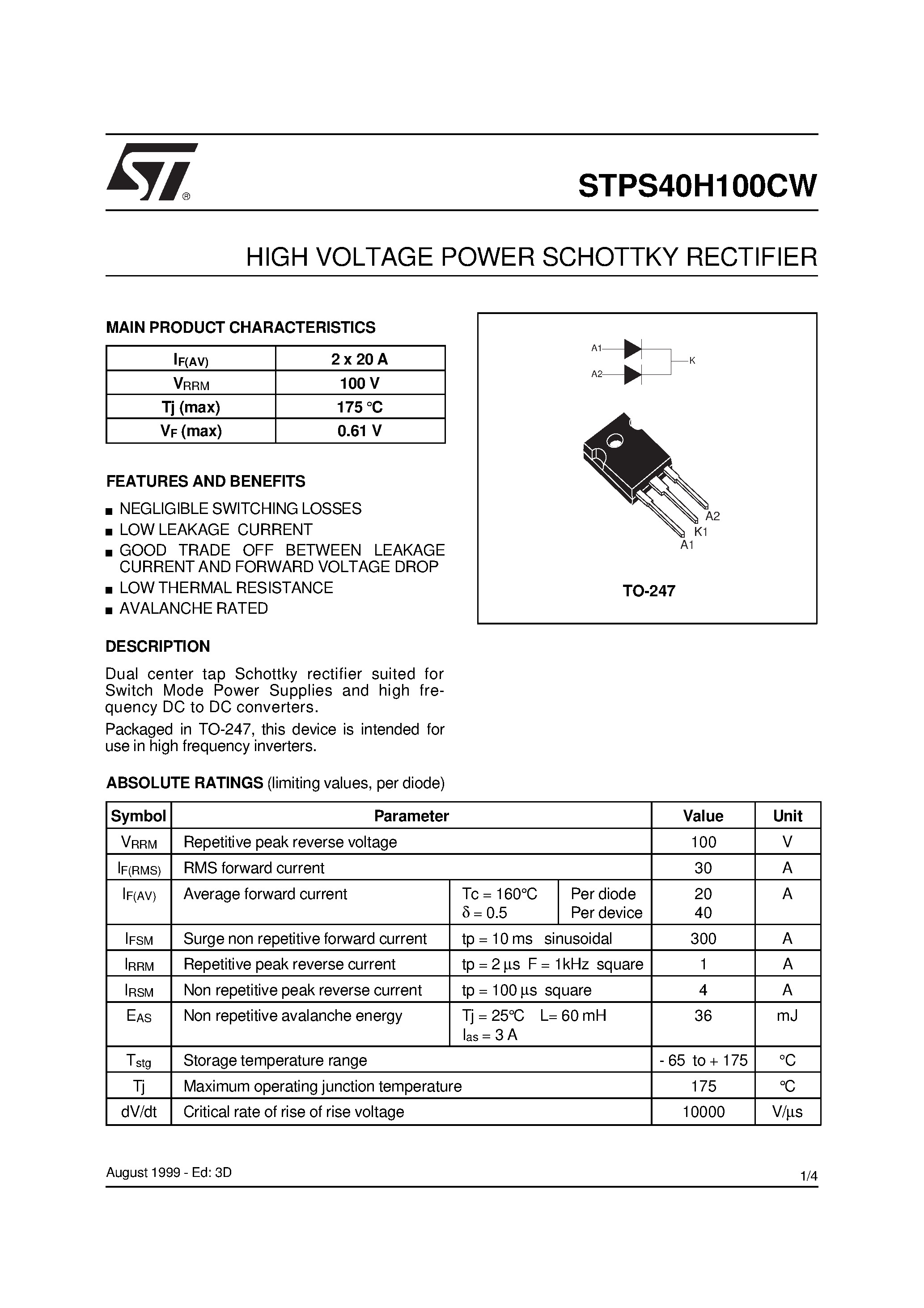 Datasheet STPS40H100CW - HIGH VOLTAGE POWER SCHOTTKY RECTIFIER page 1
