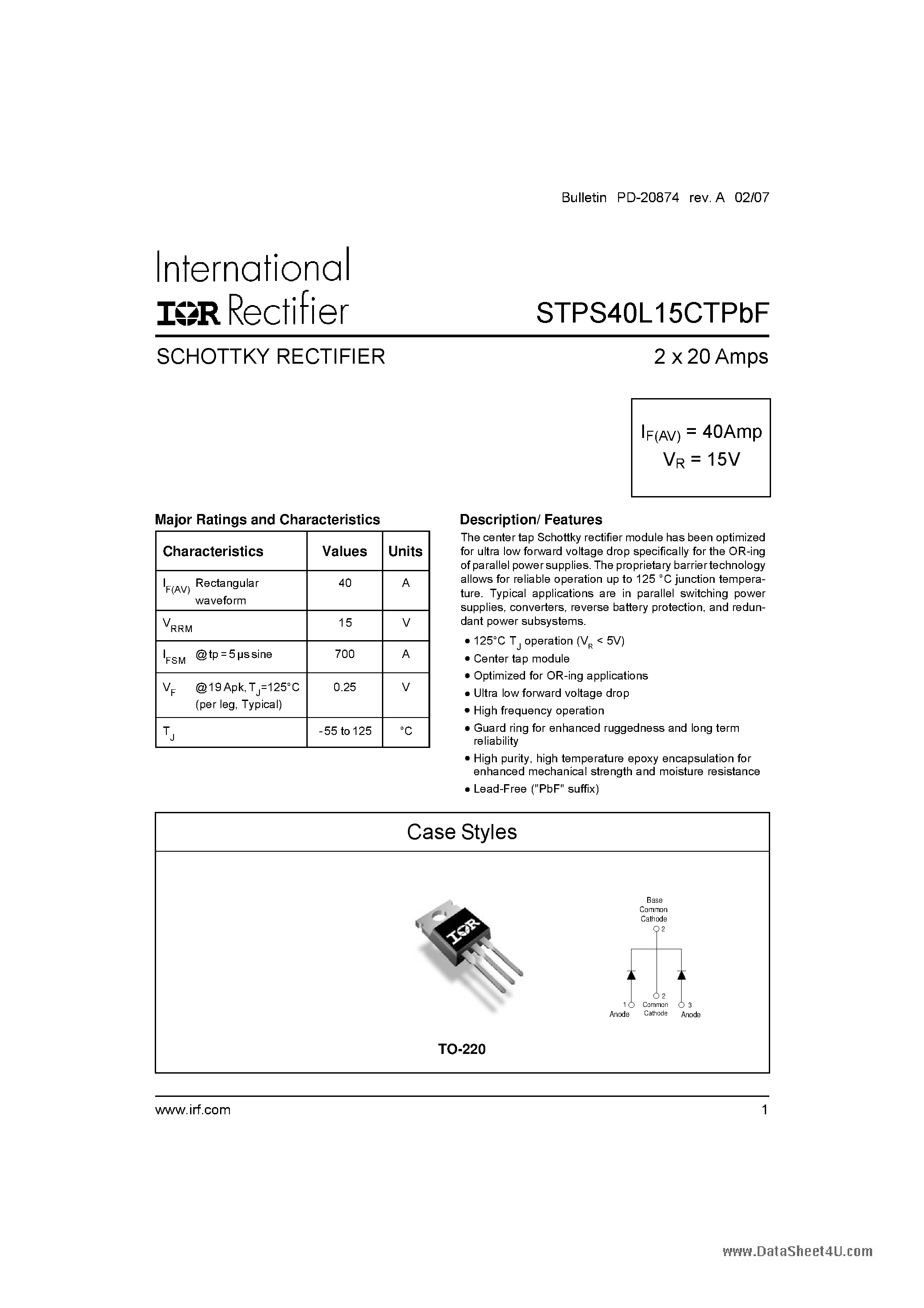 Datasheet STPS40L15CTPBF - SCHOTTKY RECTIFIER page 1