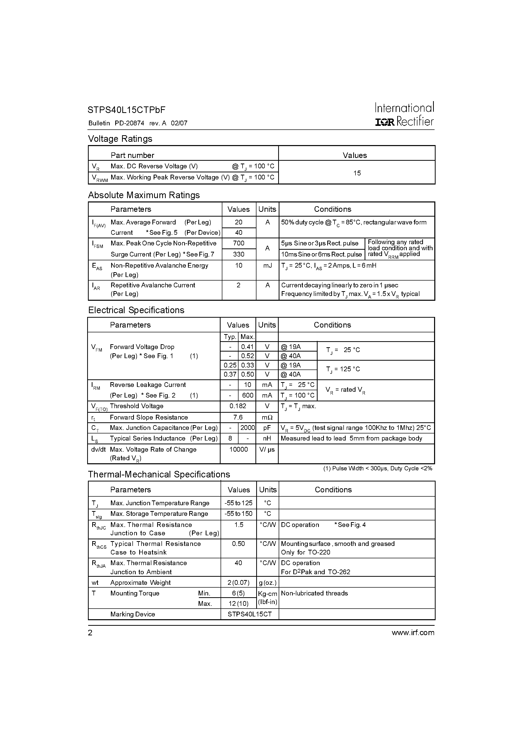 Datasheet STPS40L15CTPBF - SCHOTTKY RECTIFIER page 2