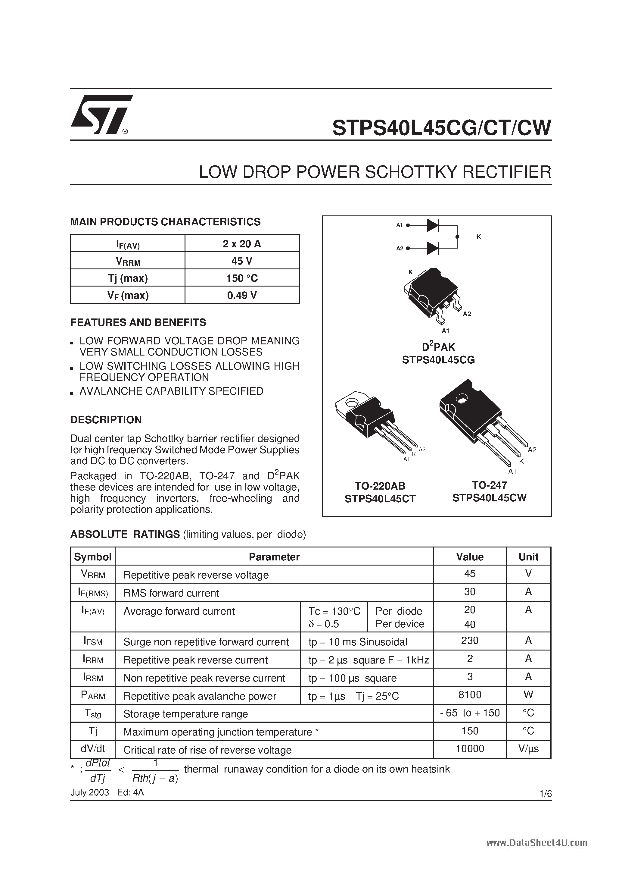Datasheet STPS40L45CG page 1 Datasheet STPS40L45CG - (STPS40L45Cx) LOW DROP POWER SCHOTTKY RECTIFIER page 1