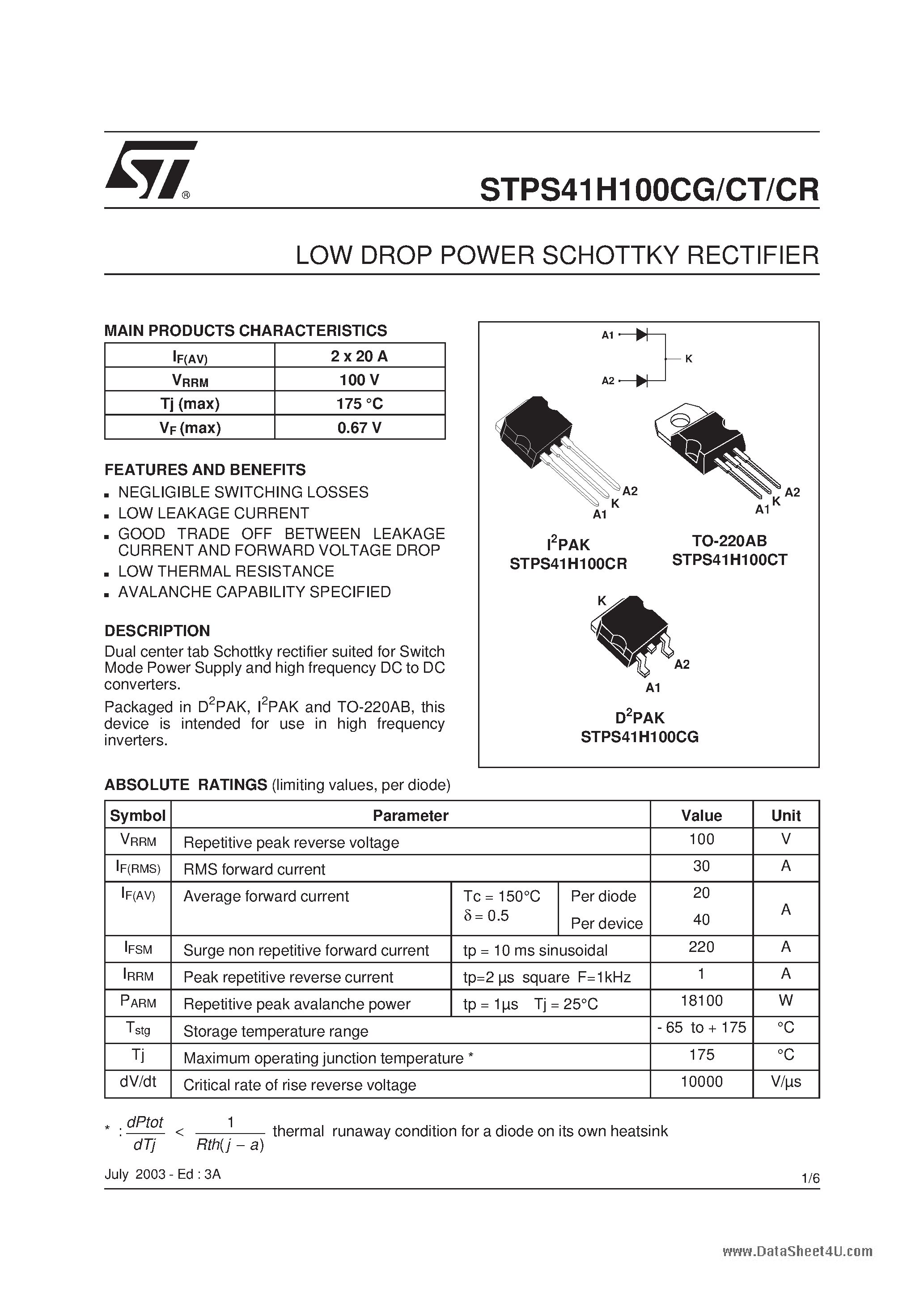 Datasheet STPS41H100CG page 1 Datasheet STPS41H100CG - (STPS41H100Cx) LOW DROP POWER SCHOTTKY RECTIFIER page 1
