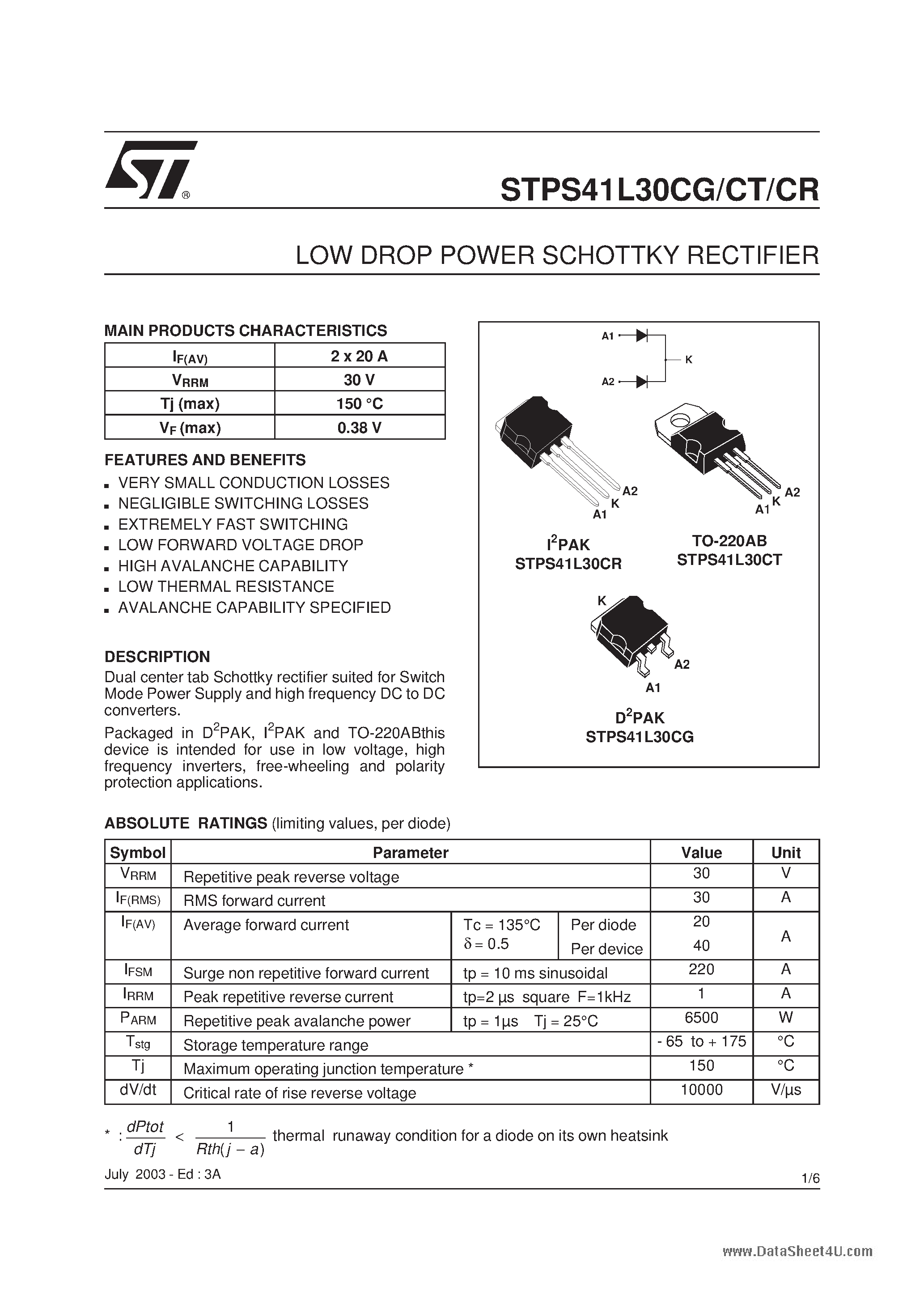 Даташит на микросхему STPS41L30CG страница 1 Даташит STPS41L30CG - (STPS41L30Cx) LOW DROP POWER SCHOTTKY RECTIFIER страница 1