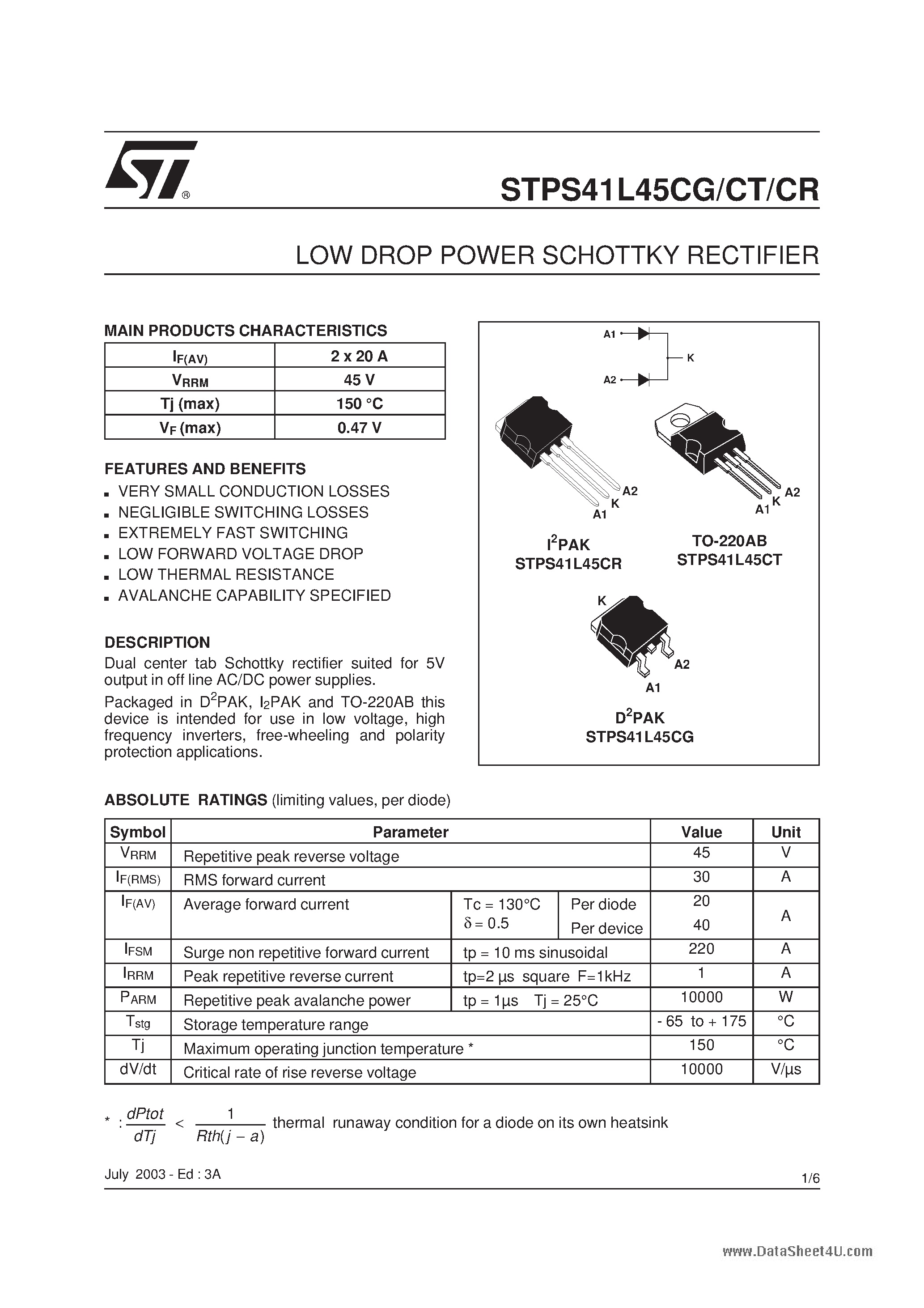 Datasheet STPS41L45CG page 1 Datasheet STPS41L45CG - (STPS41L45Cx) LOW DROP POWER SCHOTTKY RECTIFIER page 1