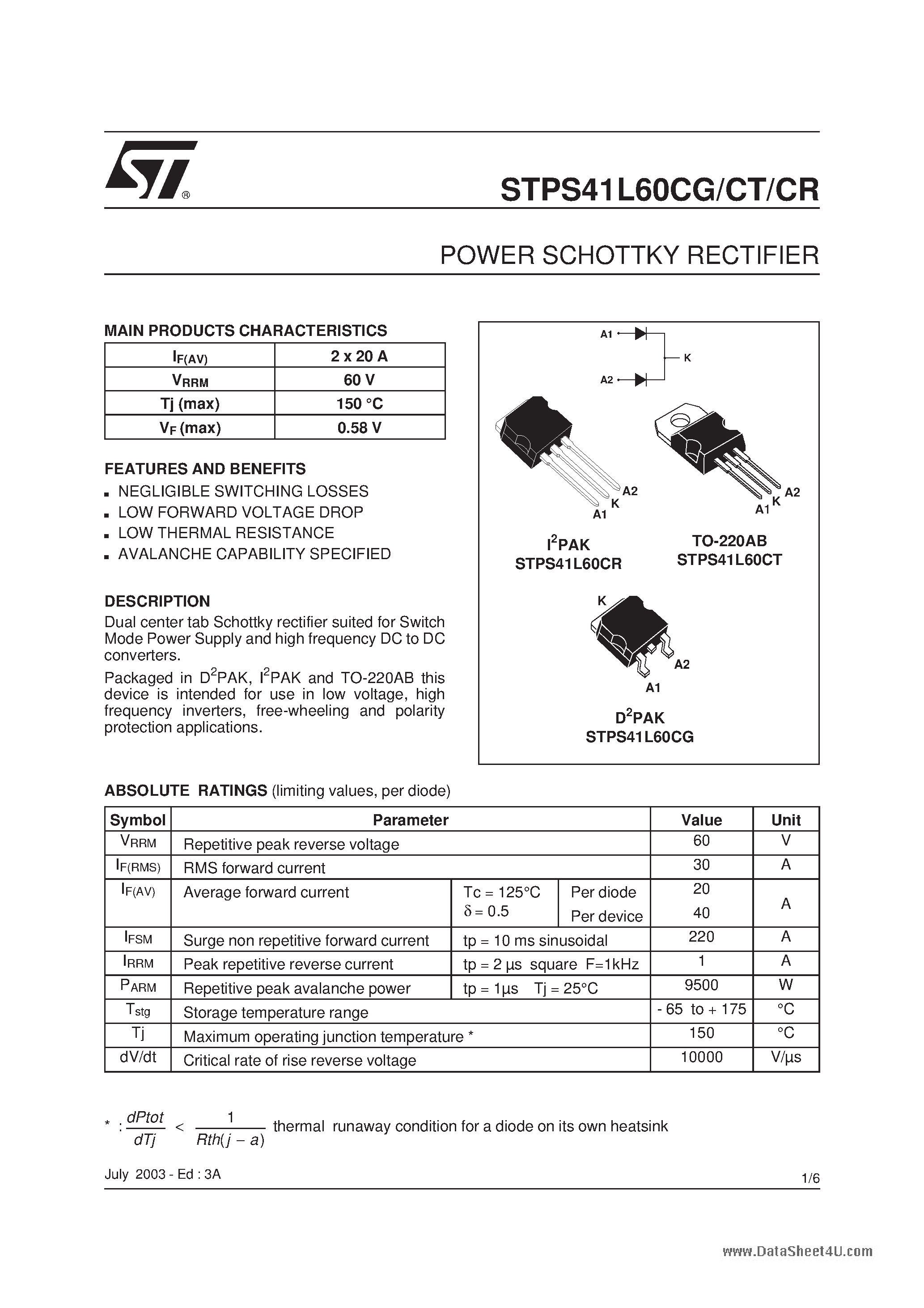 Datasheet STPS41L60CG page 1 Datasheet STPS41L60CG - (STPS41L60Cx) POWER SCHOTTKY RECTIFIER page 1