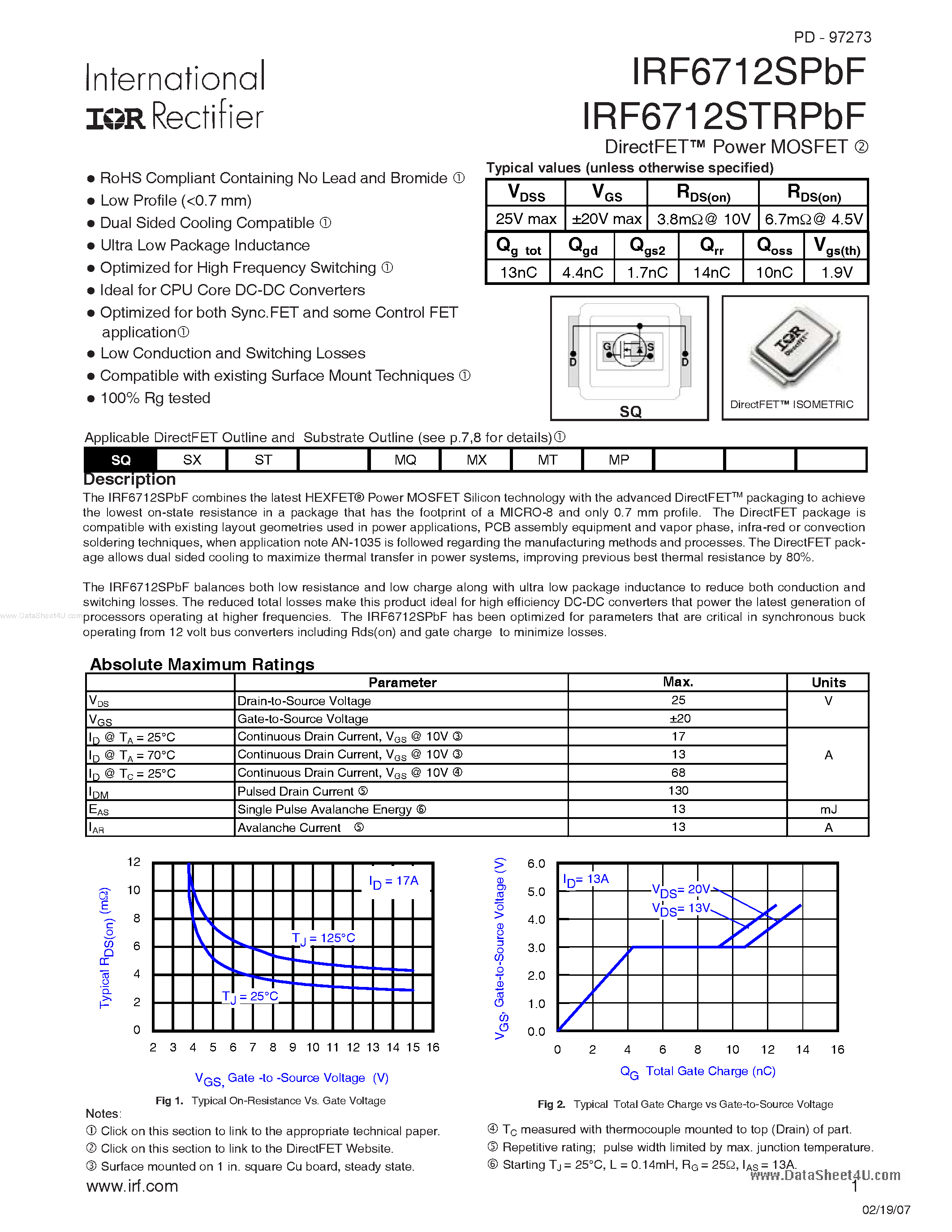 Datasheet IRF6712SPBF page 1 Datasheet IRF6712SPBF - N-Channel HEXFET Power MOSFET page 1