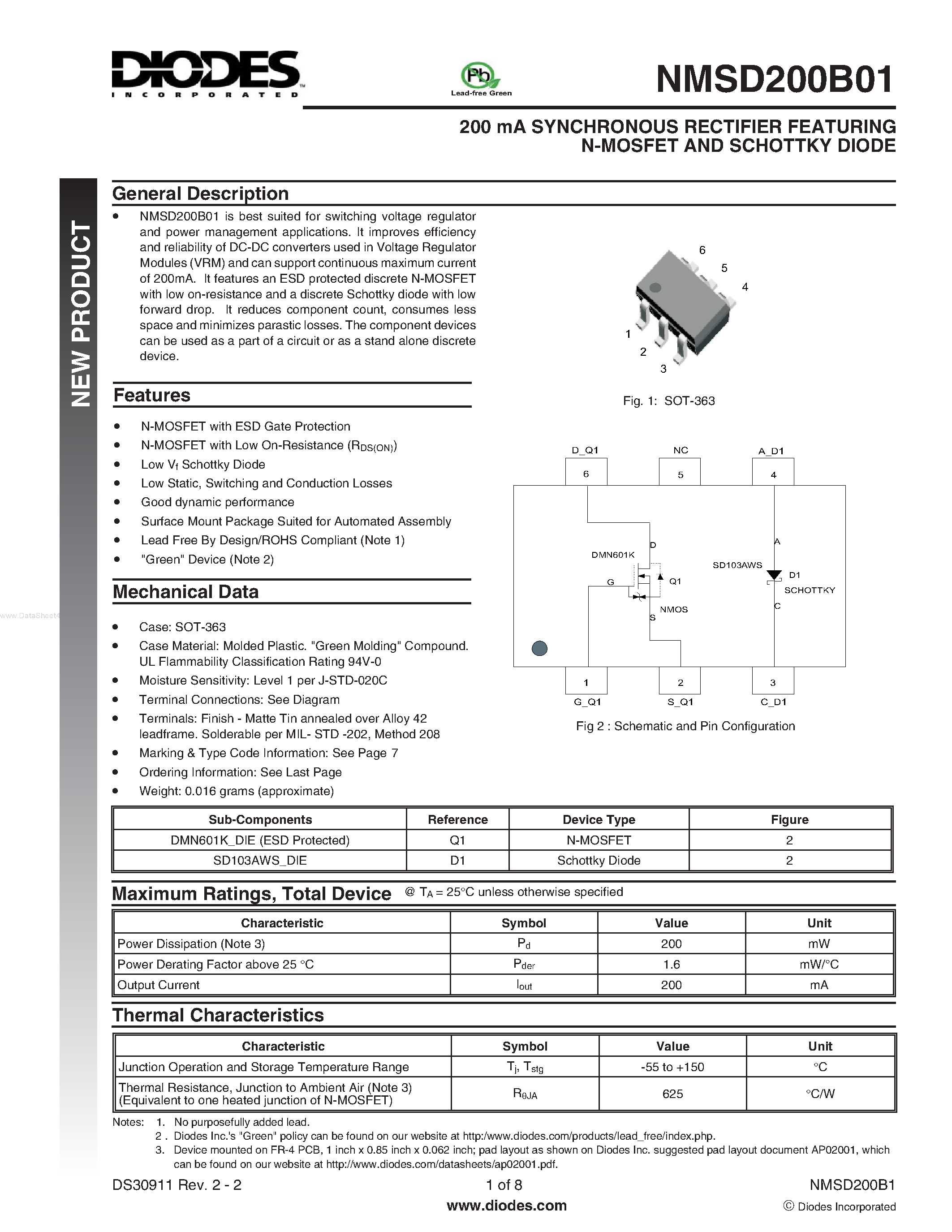 Datasheet NMSD200B01 - SYNCHRONOUS RECTIFIER FEATURING N-MOSFET AND SCHOTTKY DIODE page 1