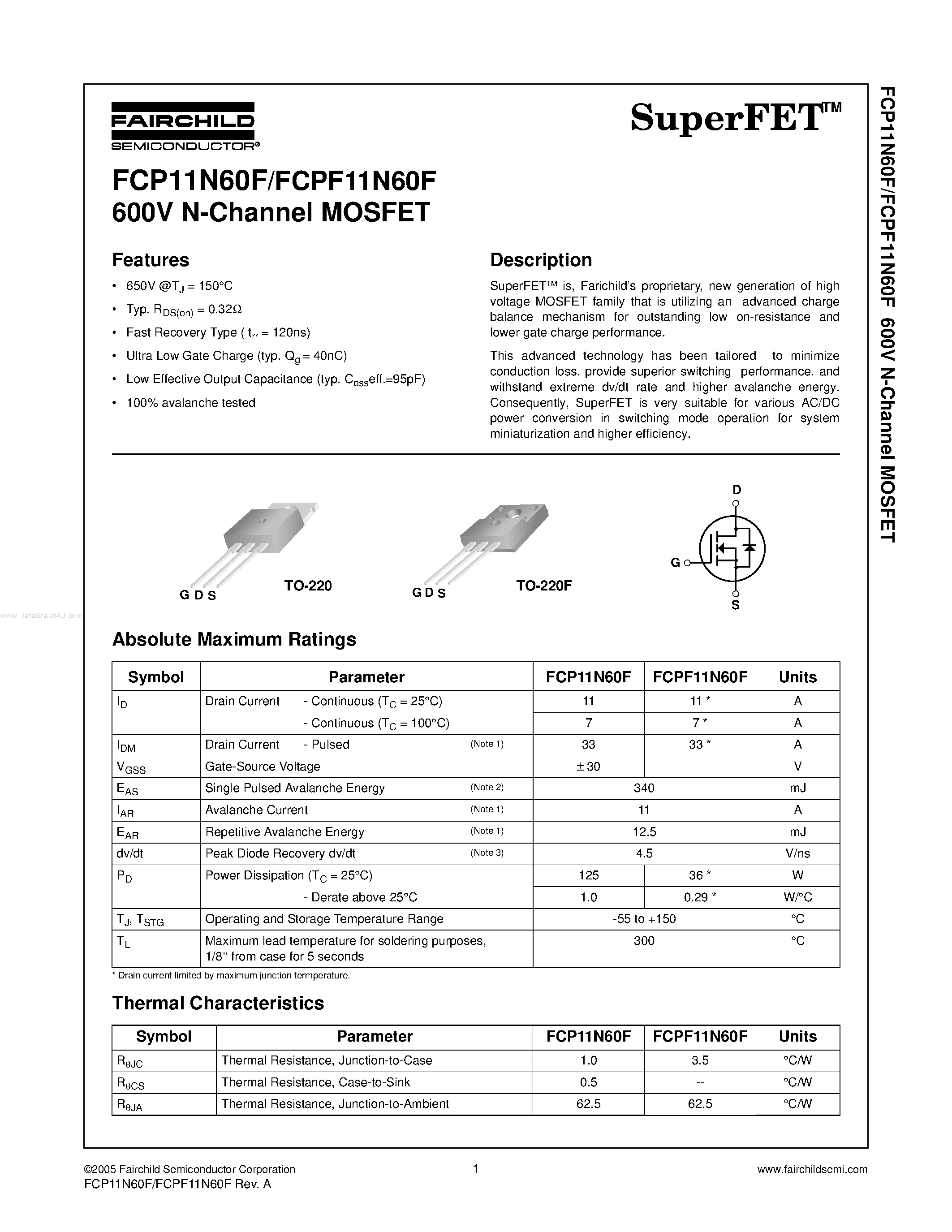 Datasheet FCPF11N60F - 600V N-Channel MOSFET page 1