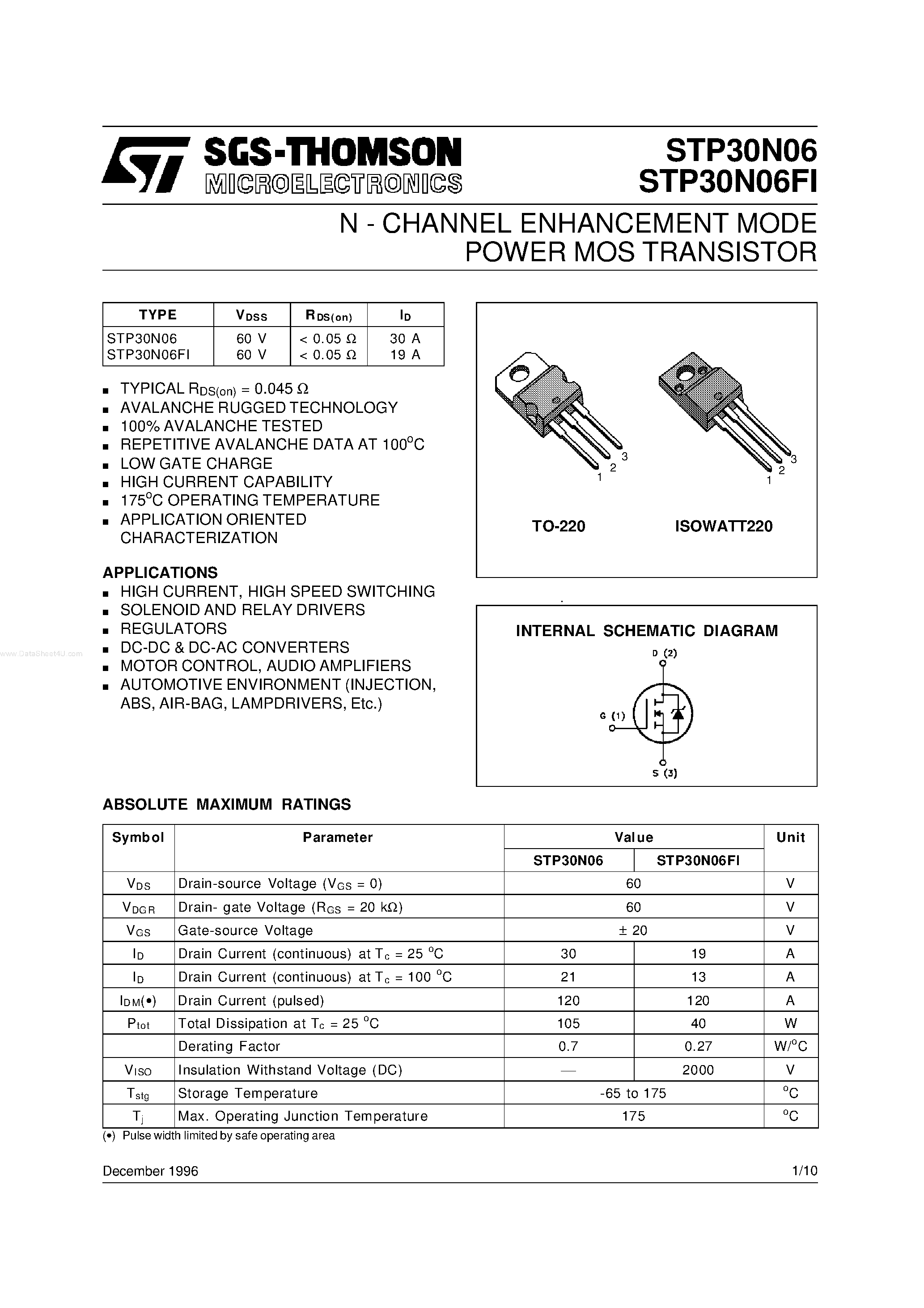 Datasheet STP30N06 - N-CHANNEL ENHANCEMENT MODE POWER MOS TRANSISTOR page 1