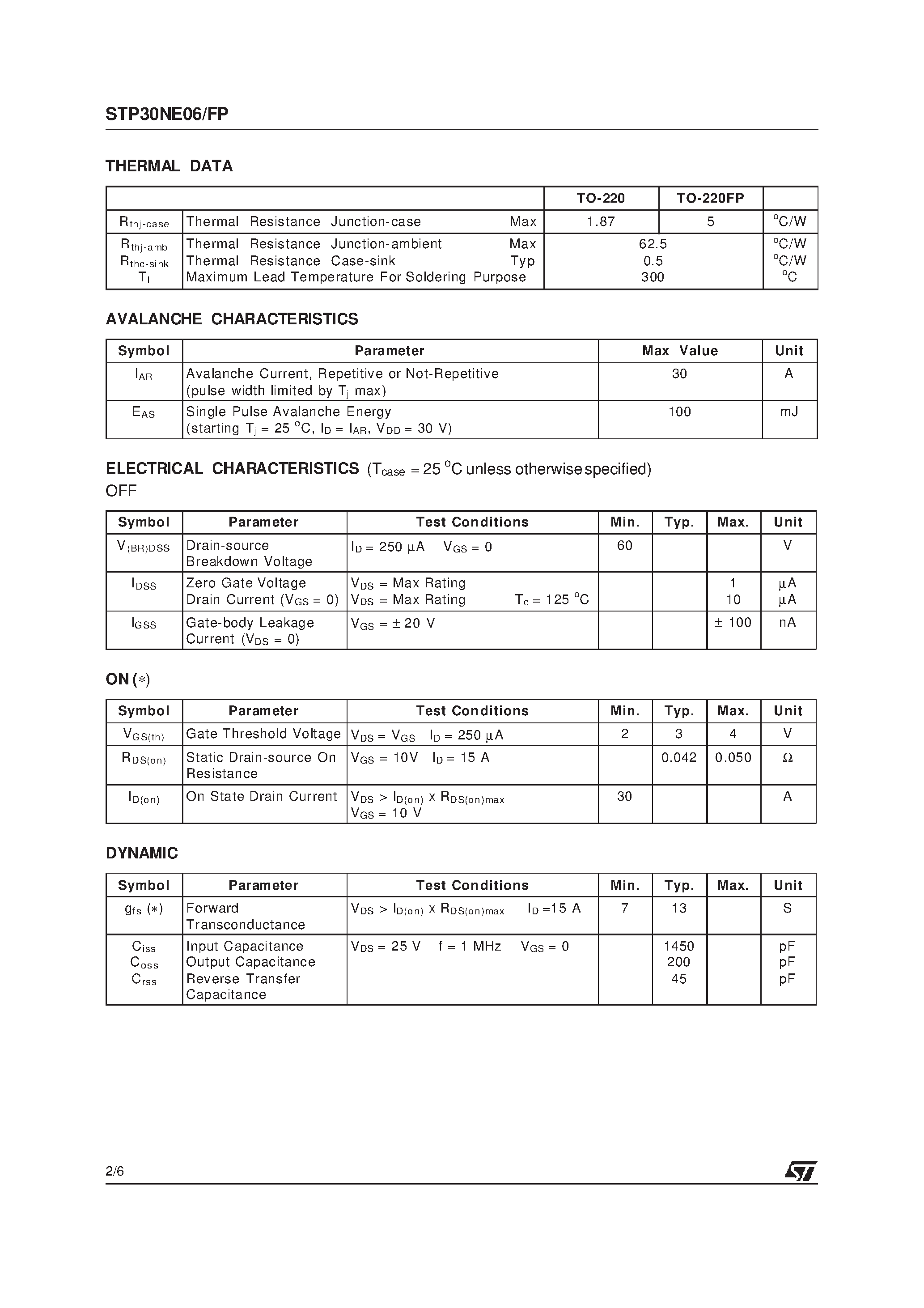 Datasheet STP30NE06 - N-CHANNEL Power MOSFET page 2