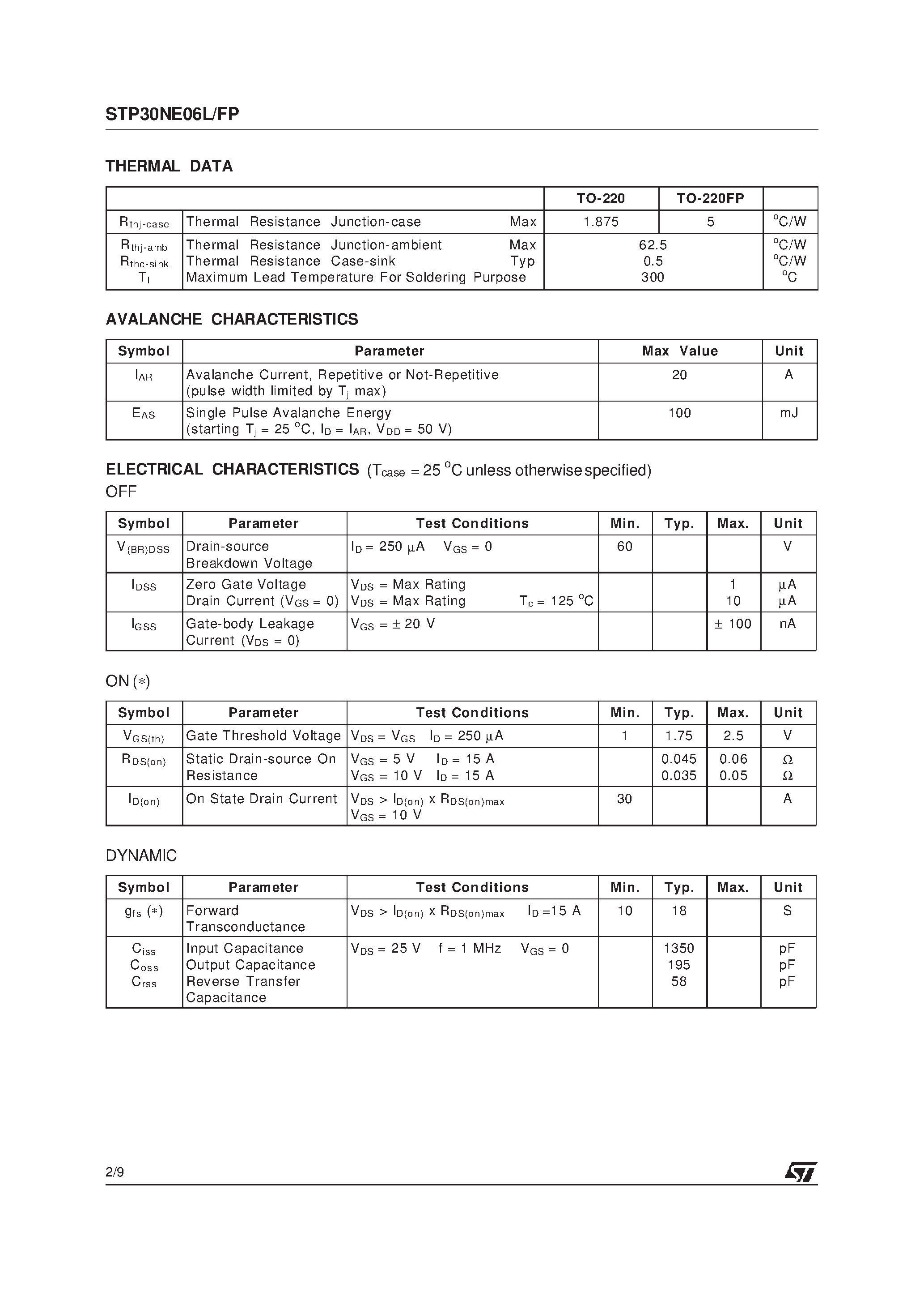 Datasheet STP30NE06L - N-CHANNEL Power MOSFET page 2