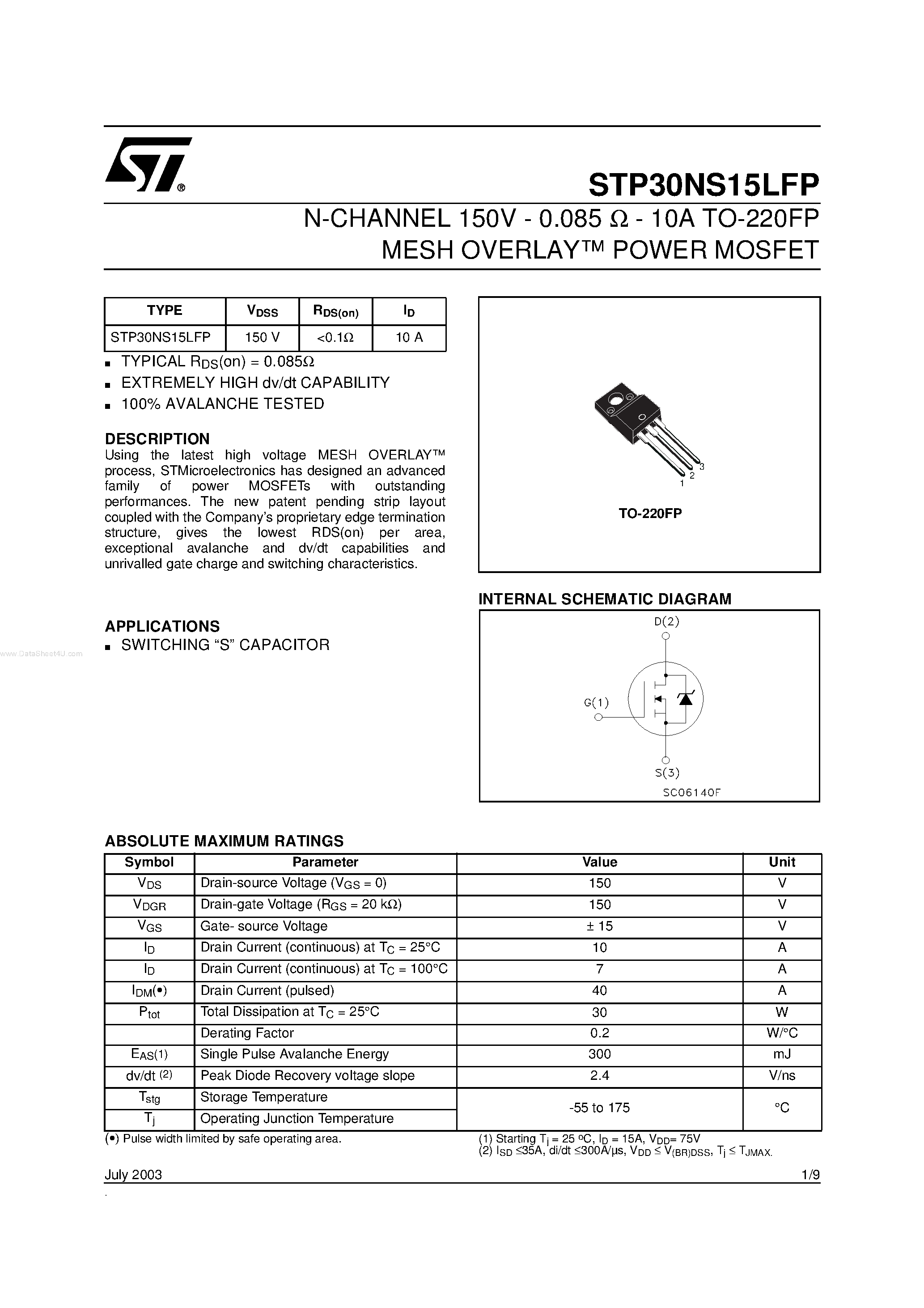 Даташит STP30NS15LFP - N-CHANNEL Power MOSFET страница 1