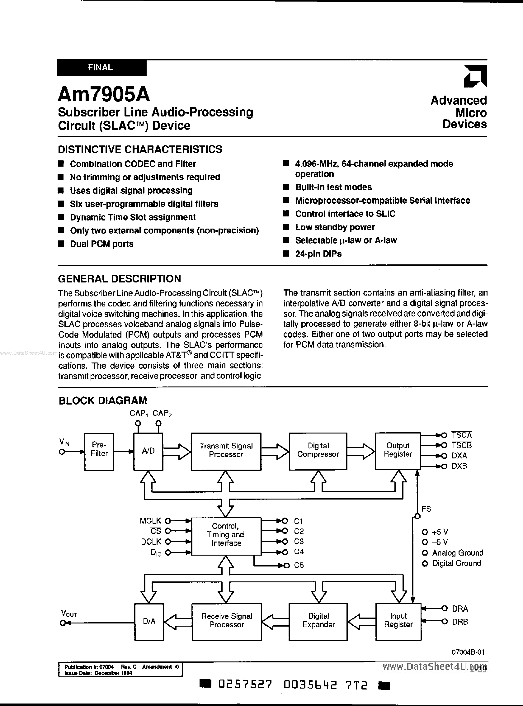 Datasheet AM7905A - Subscriber Line Audio-Processing Circuit Device page 1