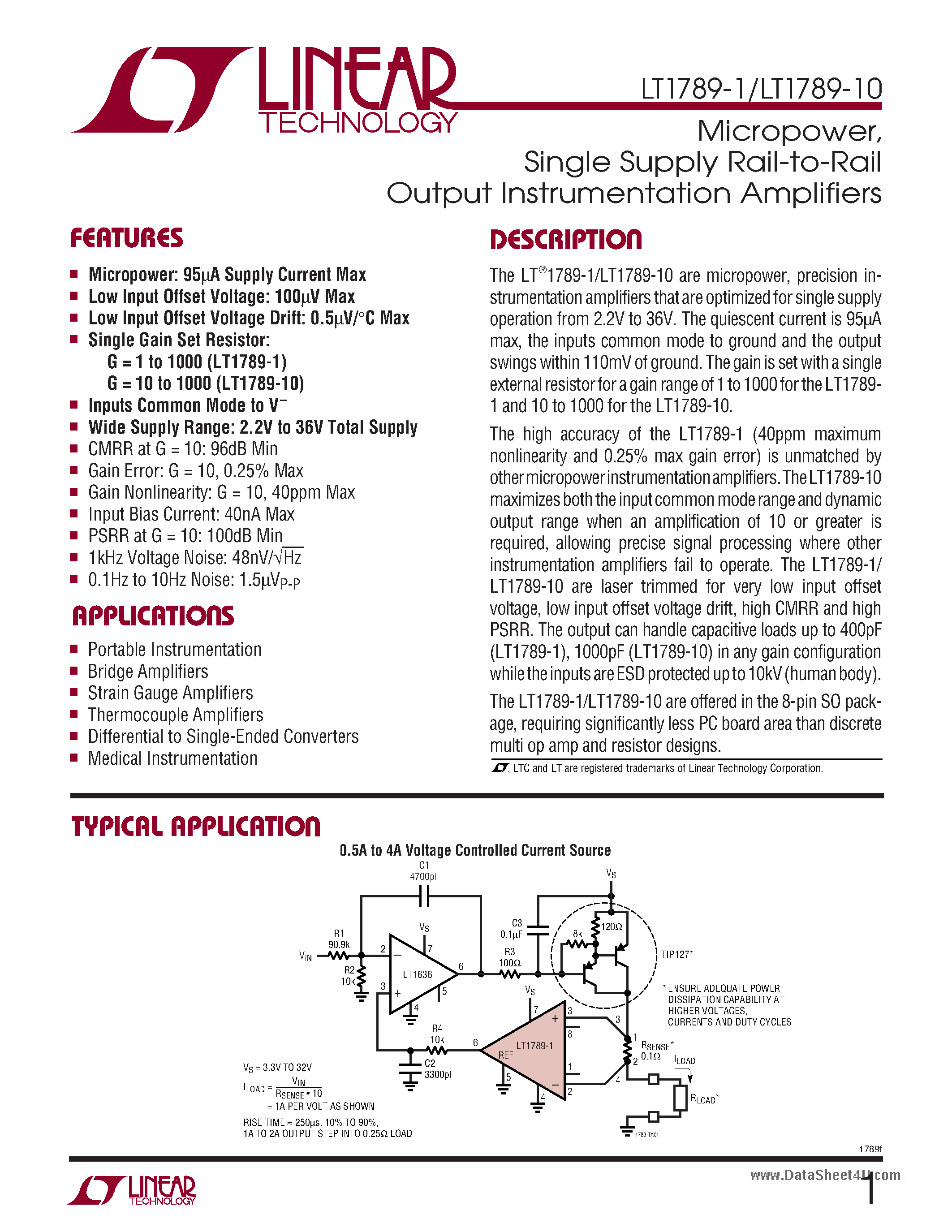 Datasheet LT1789-1 - (LT1789-1/-10) Single Supply Rail-to-Rail Output Instrumentation Amplifiers page 1