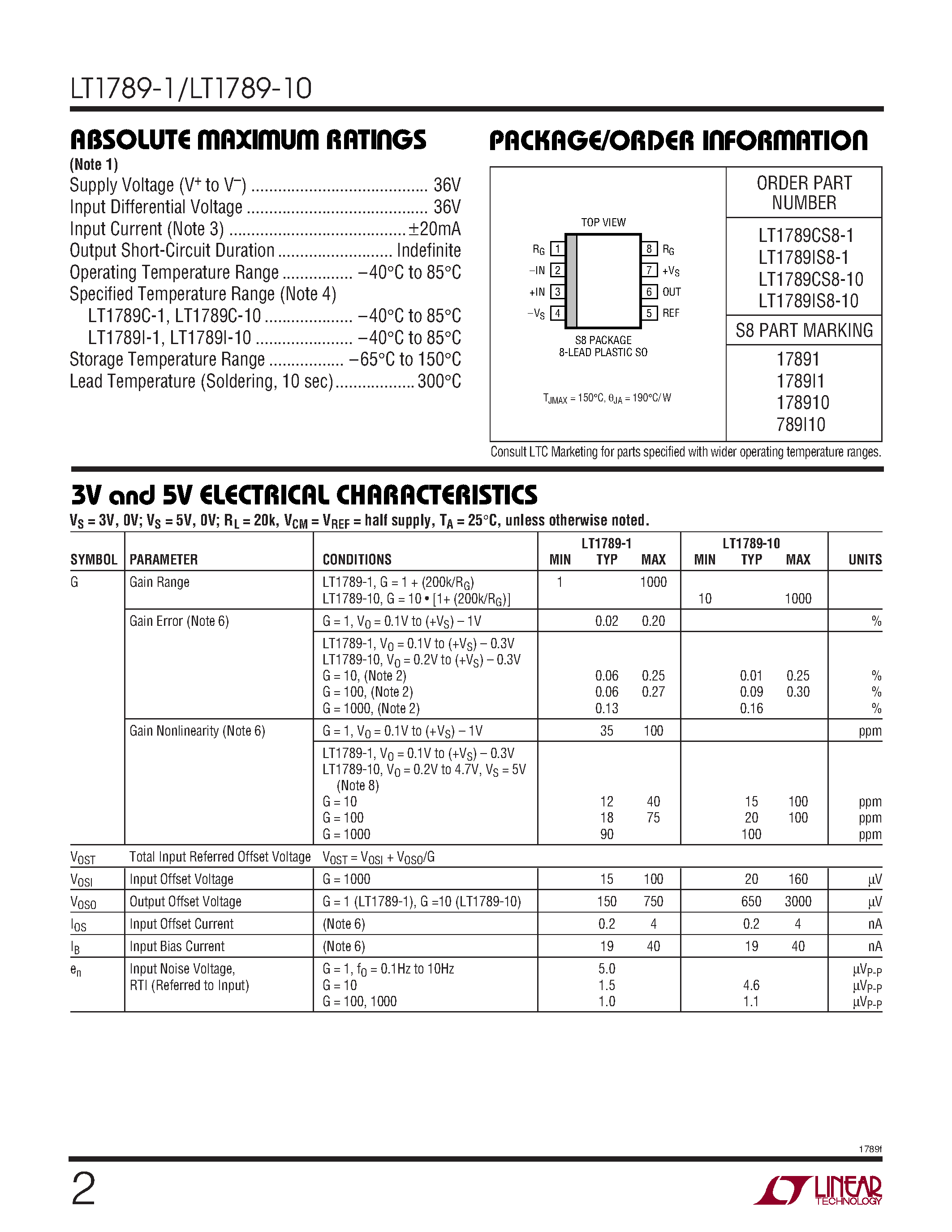 Datasheet LT1789-1 - (LT1789-1/-10) Single Supply Rail-to-Rail Output Instrumentation Amplifiers page 2