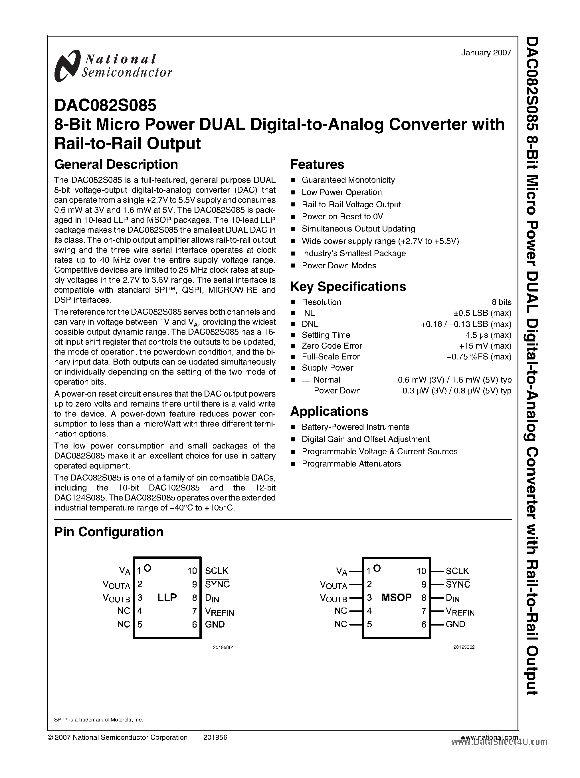 Datasheet DAC082S085 - 8-Bit Micro Power DUAL Digital-to-Analog Converter page 1