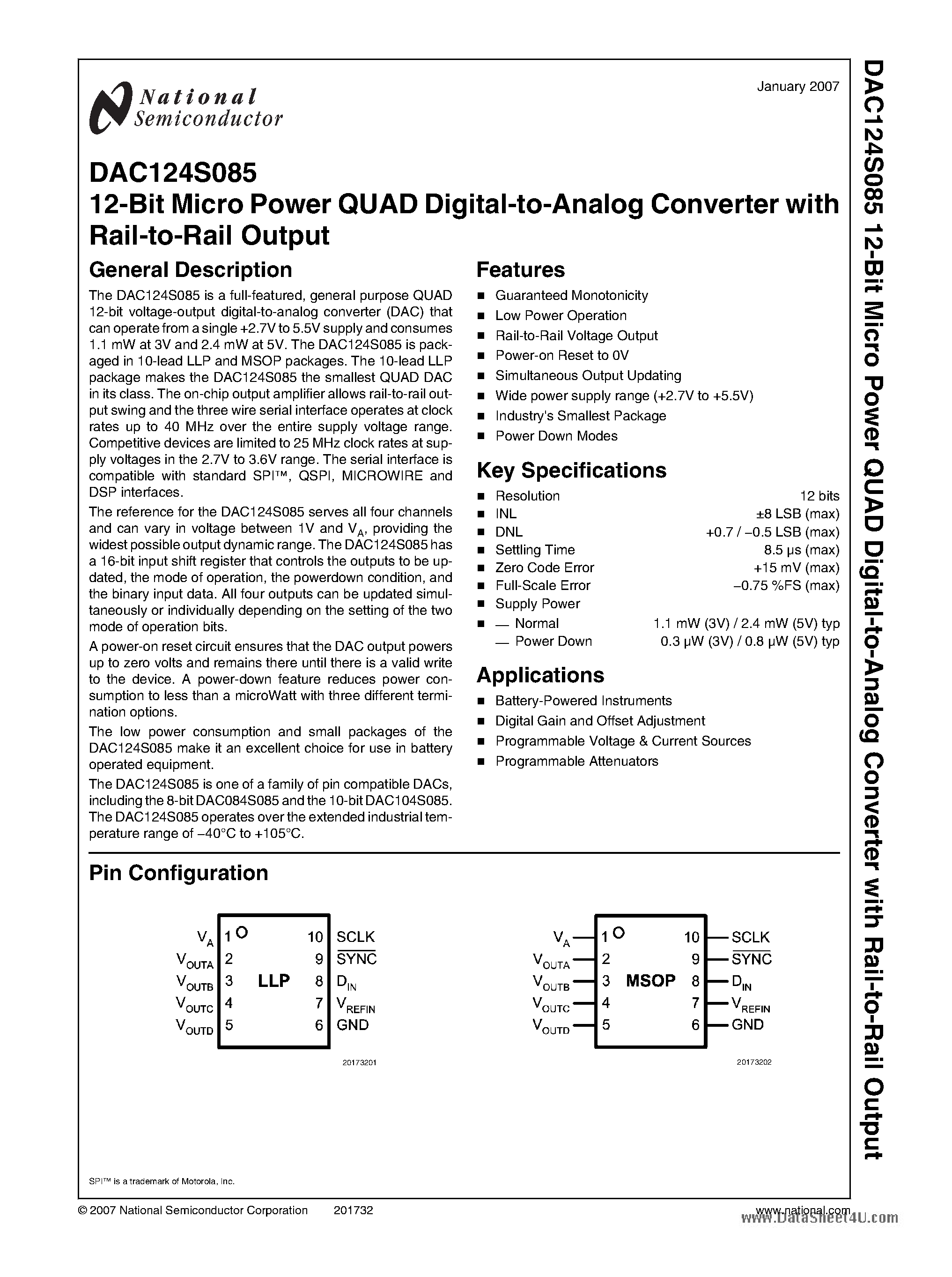 Datasheet DAC124S085 - 12-Bit Micro Power QUAD Digital-to-Analog Converter page 1